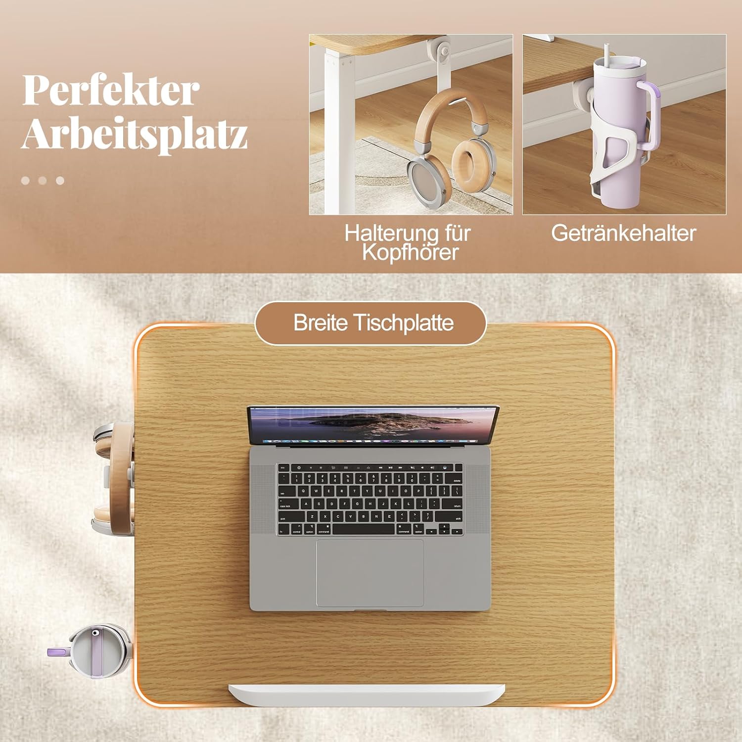 COSTWAY Beistelltisch höhenverstellbar mit versteckten Rollen, Stehtisch mit um 90° neigbarer Tischplatte, Haken und Getränkehalter, Stehpult, Stehpult, Laptoptisch für Wohnzimmer – Bild 8