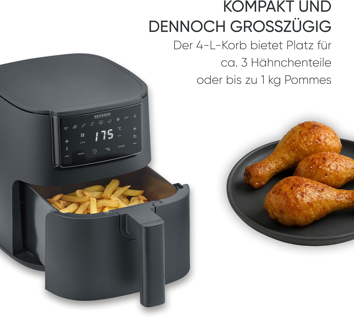Severin Heißluftfritteuse, Single, Fritteuse zum Kochen ohne Fett, Touch-Display, 8 Automatikprogramme, vielseitige Zubereitung, Warmhaltefunktion, 4L, 1300W, Schwarz, FryLight, FR 2461 – Bild 3