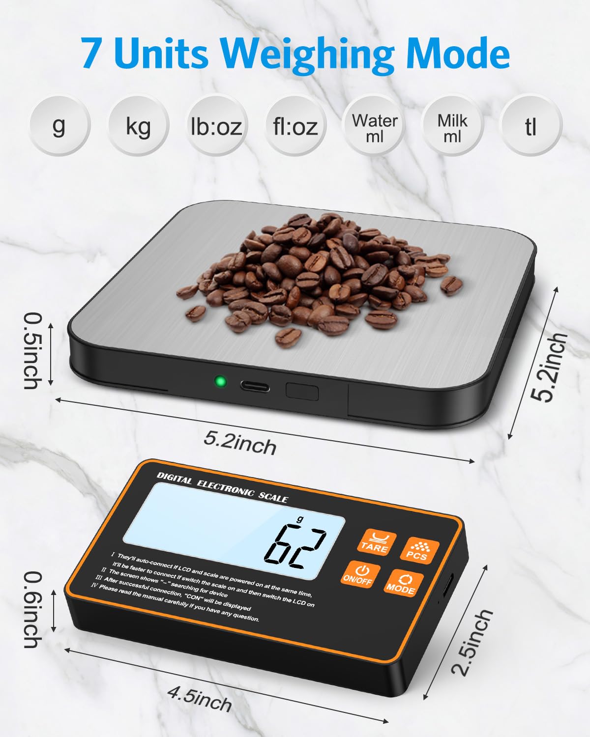 Brifit Digitale Küchenwaage 15 kg/1 g mit abnehmbarem Display – wiederaufladbare Küchenwaage mit USB-C, Edelstahloberfläche, Grammwaage für Lebensmittel, Backen, Kochen, Brief, Präzisionswaage Küche – Bild 2
