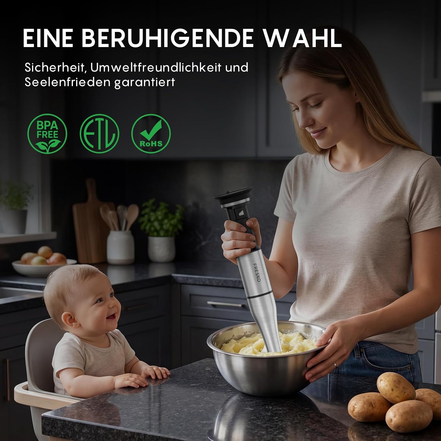 FRESKO Stabmixer 1000 W mit Zubehörset, Pürierstab aus Edelstahl inklusive Schneebesen, 500 ml Lebensmittelzerkleinerer, Messbecher mit Deckel und Schutzhülle, stufenlose Geschwindigkeiten für Smoothies, Suppe – Bild 8