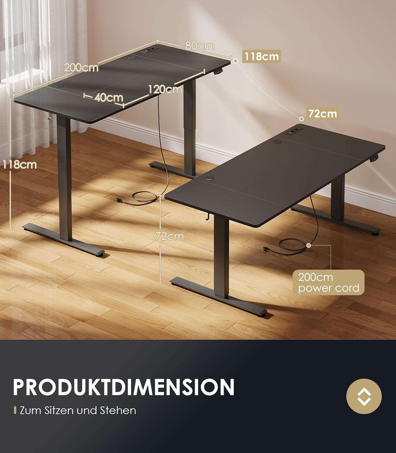 OffiGo höhenverstellbarer Schreibtisch, 200 x 80 cm, elektrischer Schreibtisch mit Steckdosen und USB-Ladeanschluss, Tisch höhenverstellbar mit 2 Memory-Funktionen, Computertisch für Büro, Zuhause, schwarz – Bild 4