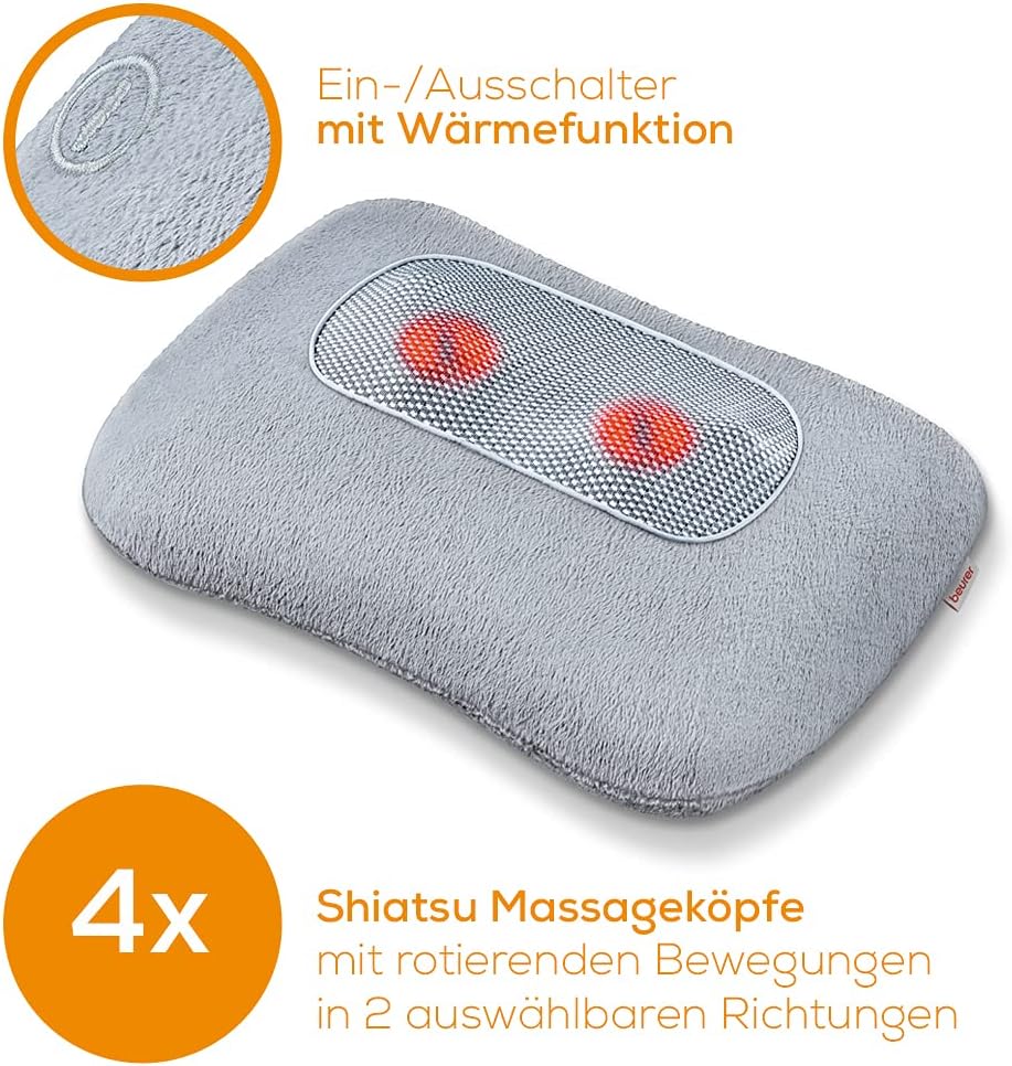 Beurer MG 145 Rücken- und Nackenmassagegerät für eine entspannende Shiatsu-Massage, Wärmefunktion, waschbarer Bezug, 4 Massageköpfe, 34x23x11cm, grau – Bild 3