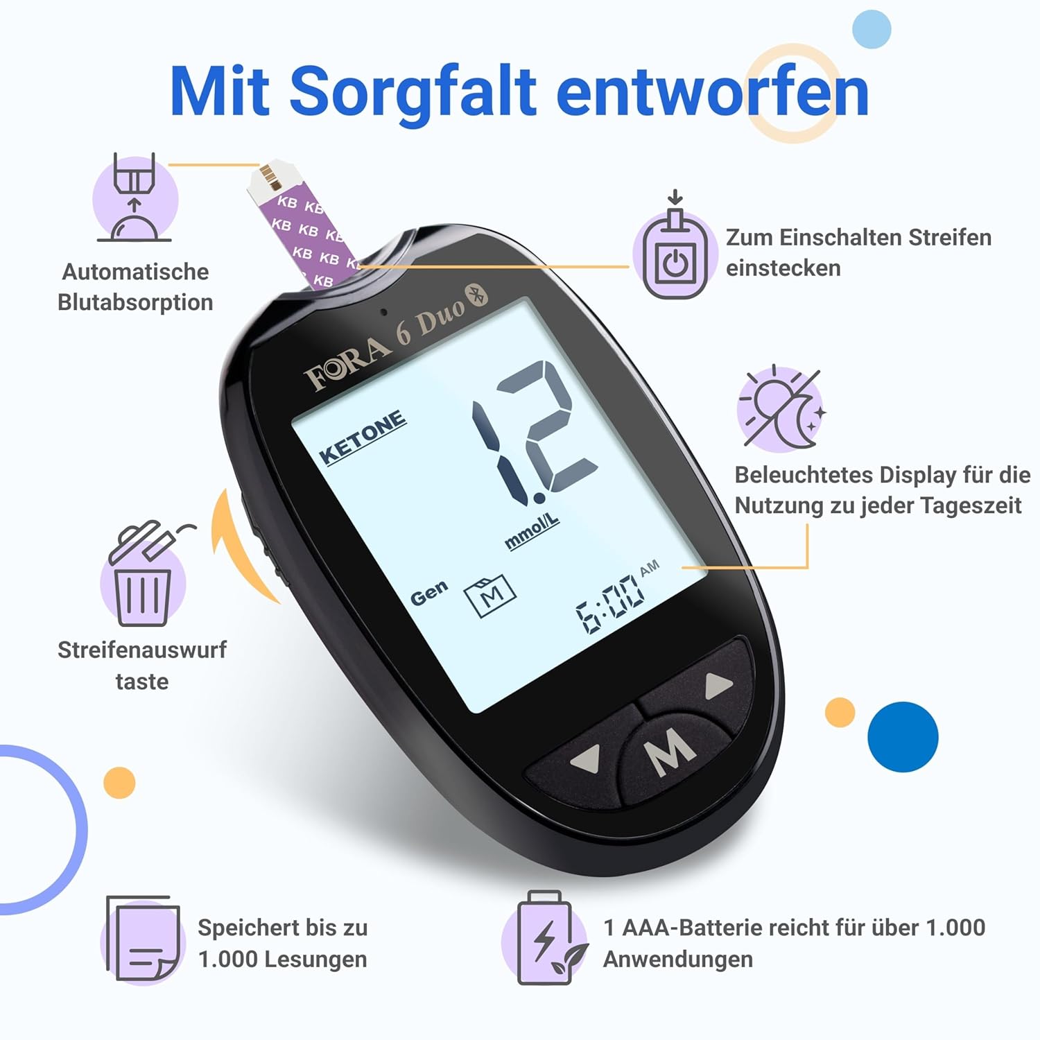 FORA Duo 2-in-1 (Blutzucker, Keton) Bluetooth-Blutzuckermessgerät mit 10 Keton-Teststreifen – Bild 6
