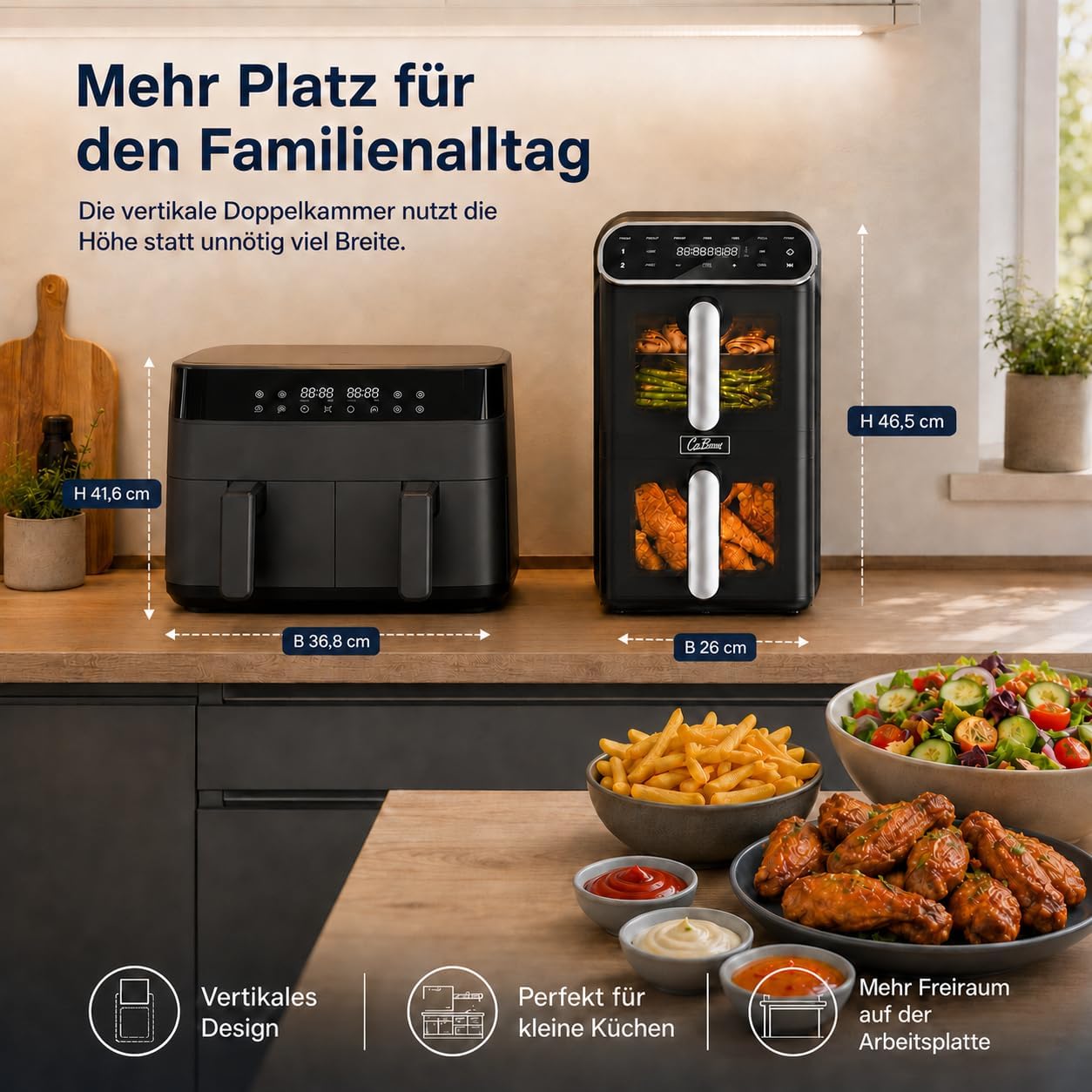 Heißluftfritteuse, 2 Kammern, 11 l, 2 x 5,5 l Airfryer Double Stack mit Sichtfenster, SYNC & DUAL, 9 Programme inklusive DIY, schwer entflammbares V0-Material, 2460 W, spülmaschinenfest – Bild 2