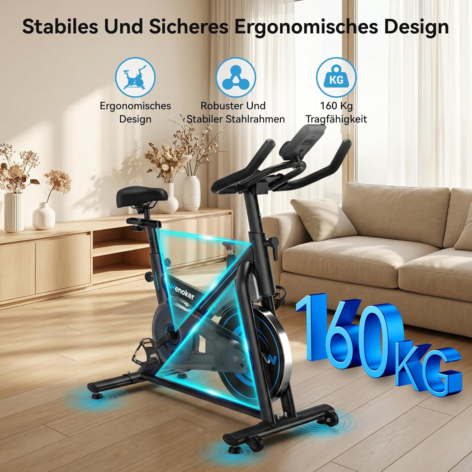 Wenoker Heimtrainer Fahrrad mit App,Leises Ergometer Hometrainer Fahrrad mit Magnetwiderstand,Spinning Bike Indoor Fitnessbikes für Kardio-Training zu Hause,Bis 160KG – Bild 6