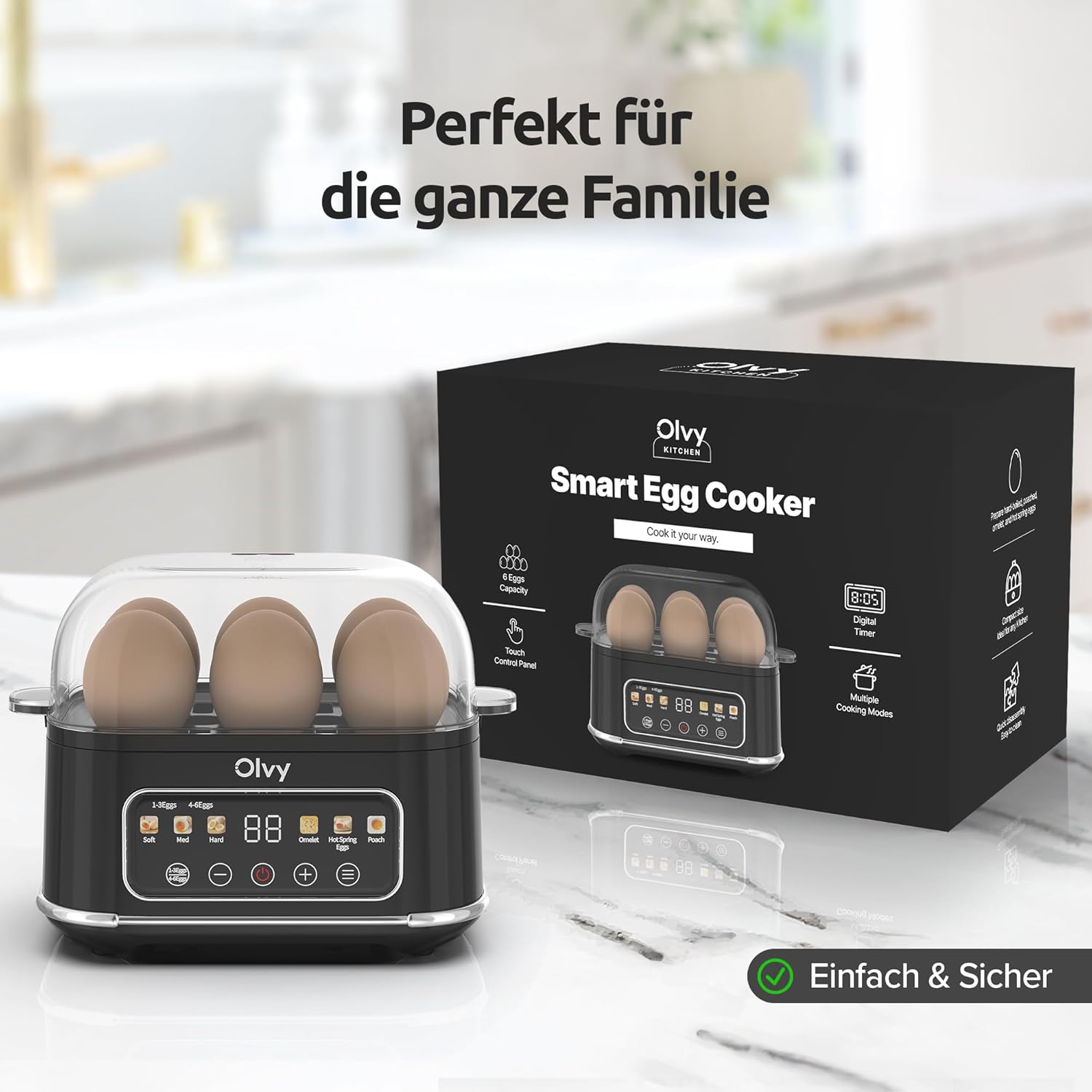 Automatischer Eierkocher von Olvy für 6 Eier – professioneller 6-in-1-Eierkocher mit LCD-Timer und Dampfgarer – ideal für Camping, mit automatischer Abschaltung und spülmaschinenfesten Teilen – Bild 7