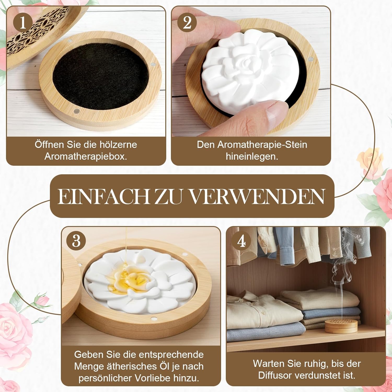 Set mit 2 Duftsteinen für ätherische Öle, Diffusor-Set für ätherische Öle, flammenloser Aromastein-Diffusorstein aus Holz für Aromatherapie im Schlafzimmer, Badezimmer, Auto – Bild 4