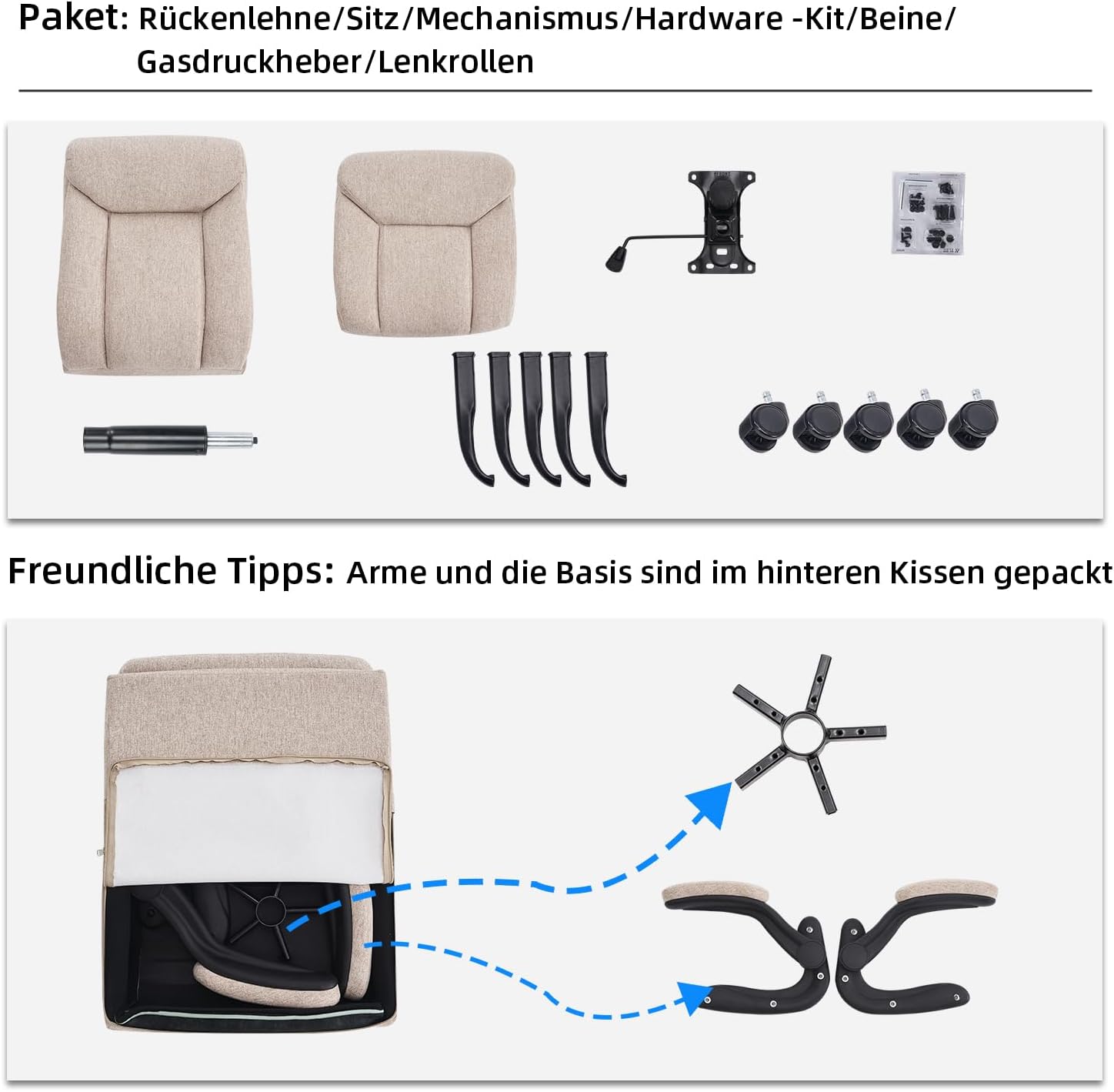 MZLEE Ergonomischer Bürostuhl, Computerstuhl, Schreibtischstuhl, drehbarer Arbeitsstuhl mit hochklappbarer Armlehne, höhenverstellbar, bequem für Büro, Zuhause, Gaming (beiger Stoff) – Bild 4