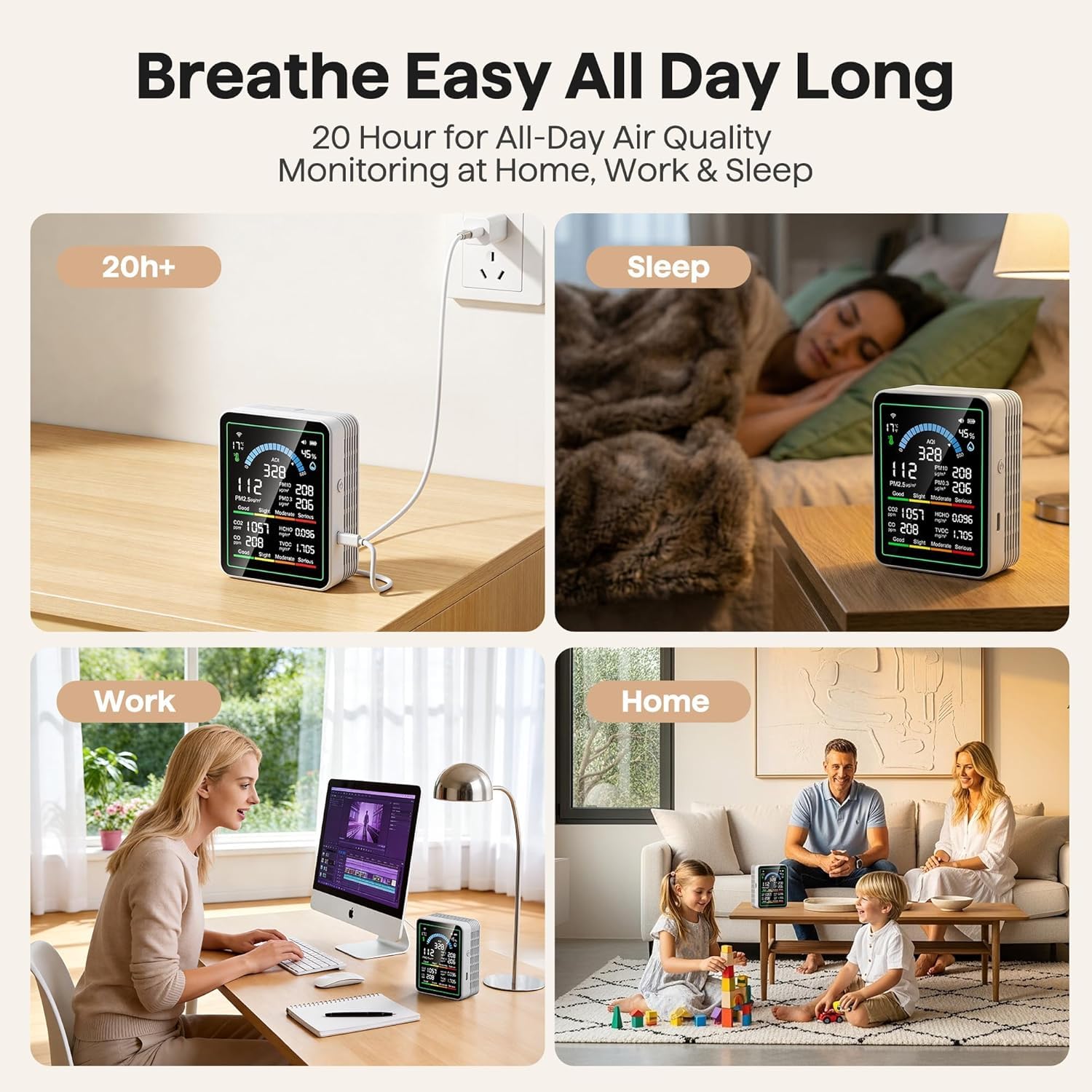 Luftqualitätsmonitor für den Innenbereich, 10-in-1 tragbarer Smartair-Qualitätstester für CO2 | CO | TVOC | HCHO | Temperatur | AQI | PM0.3-1 Brummerkennung für Zuhause, Autos, Pflanzen, Haustiere, Auto, Hotel (weiß) – Bild 5
