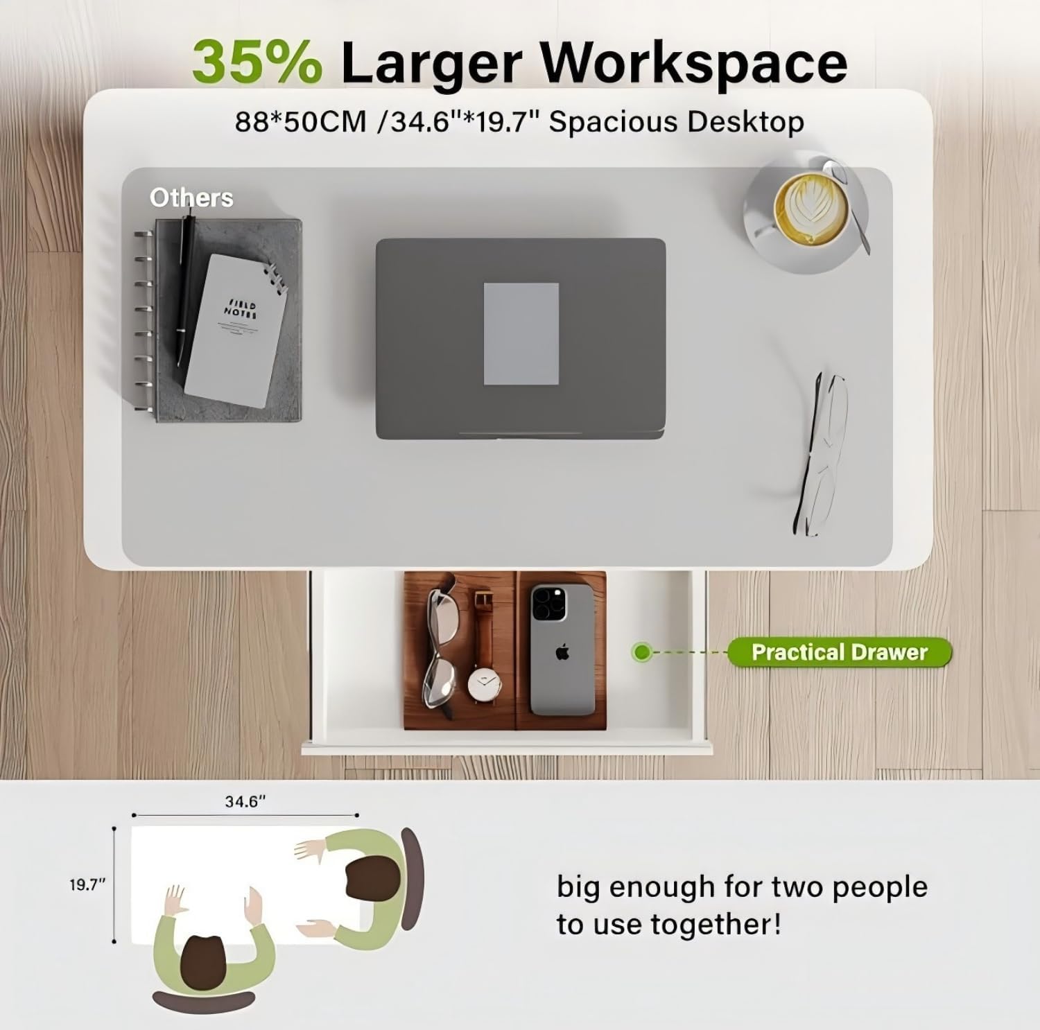 Computertisch, pneumatisch höhenverstellbar (88 x 50 cm), Laptoptisch mit Rollen und Schublade, Überbetttisch, Stehsitzschreibtisch für Büro, Wohnzimmer, Schlafzimmer, kleine Räume, Weiß – Bild 6