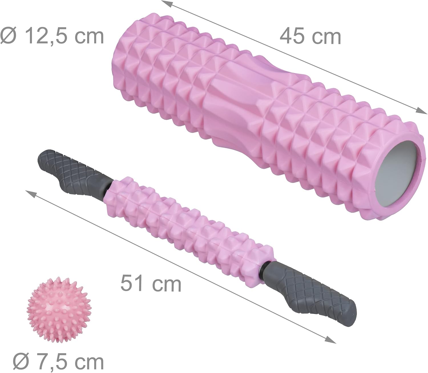 Relaxdays Faszienrolle, 3er-Set, Massagerolle, Faszienstab, Igelball, mittelhart, mit Noppen, Nacken, Rücken, Beine, rosa – Bild 4