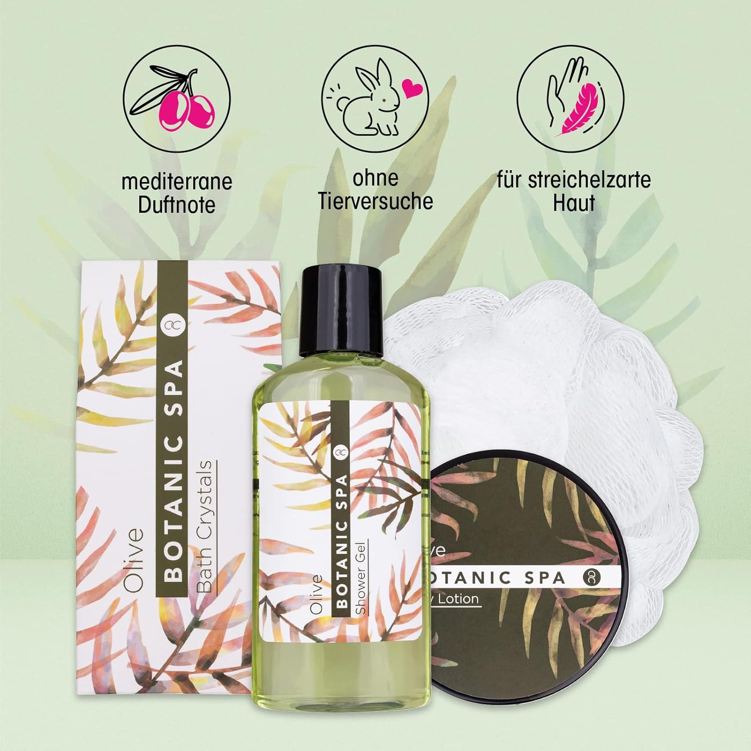 Accentra Olive Spa Badeset, Pflegeset für Damen mit 150 ml Duschgel, 60 ml Körperlotion, 150 g Badesalz und 10 g Netzschwamm im Seegraskorb, Wellness-Geschenkset für Geburtstag und Muttertag – Bild 3
