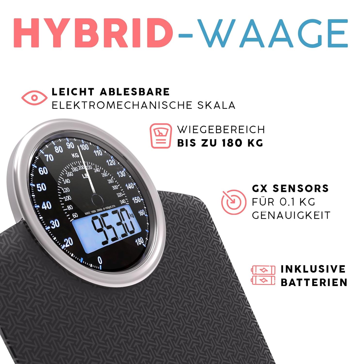 Adamson Hybrid + 2-in-1 digitale und analoge Körperwaage bis 180 kg + dickes gehärtetes Glas + extra großes Display + leicht ablesbare digitale Personenwaage + schwarze Matrix – Bild 2