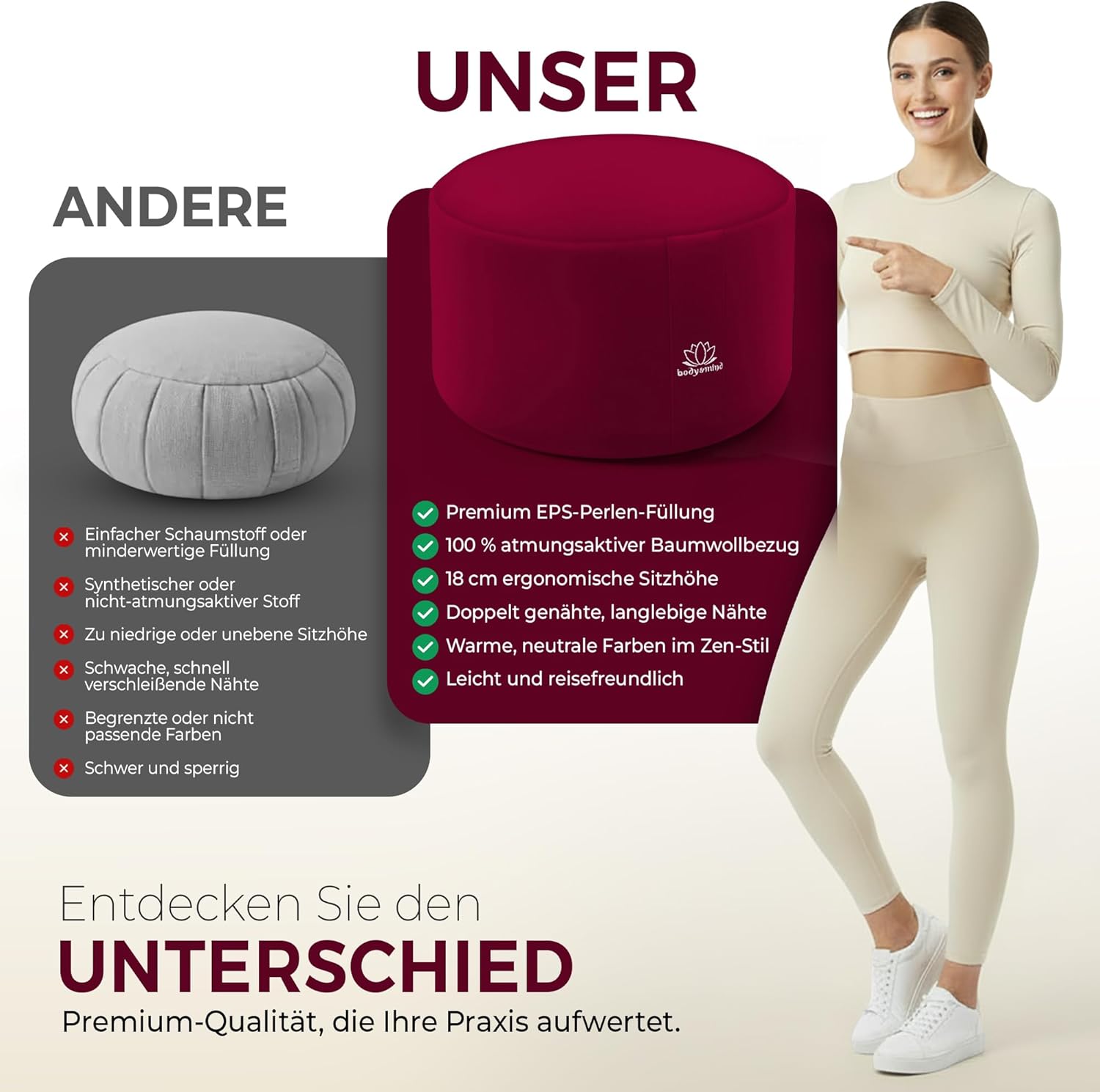 Body & Mind® Yogakissen Meditationskissen Bodensitzkissen Auflage für Meditation & Yoga; Waschbarer Bezug und atmungsaktive Premium-Füllung; 18 cm Sitzhöhe – Bild 8