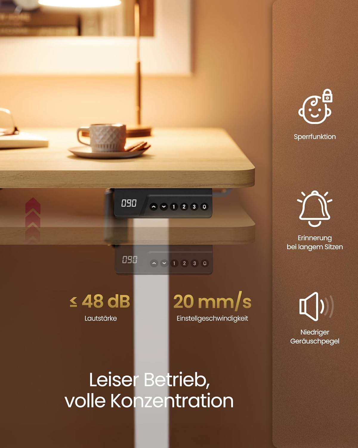 VASAGLE LSD310YA03 Höhenverstellbarer Schreibtisch, Stehpult, Computertisch, 4 Höhen, Memory-Funktion, Büroschreibtisch, 100 x 60 cm, Goldeiche – Bild 6