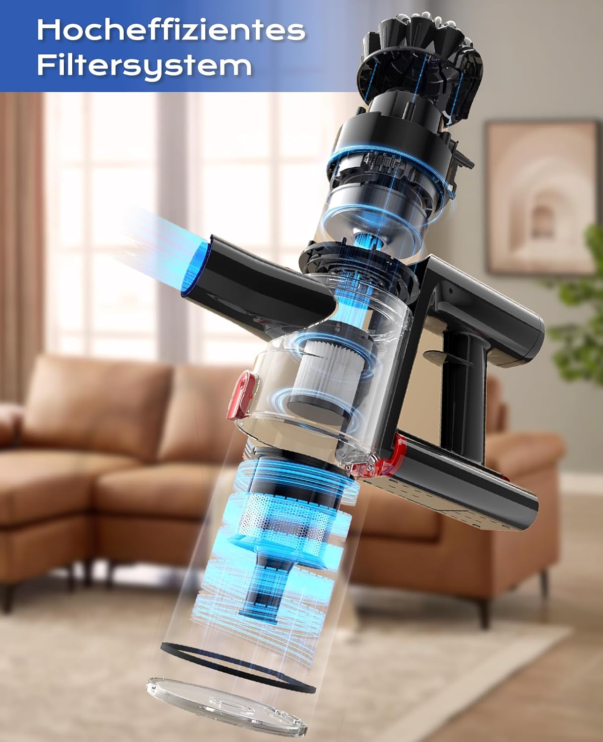Akku-Staubsauger 50 Min./40 KPA/450 W, Akku-Staubsauger mit grüner LED, kabelloser Staubsauger mit verbesserter Bodenbürste, Staubsauger-Akku für Tierhaare, Blau – Bild 4
