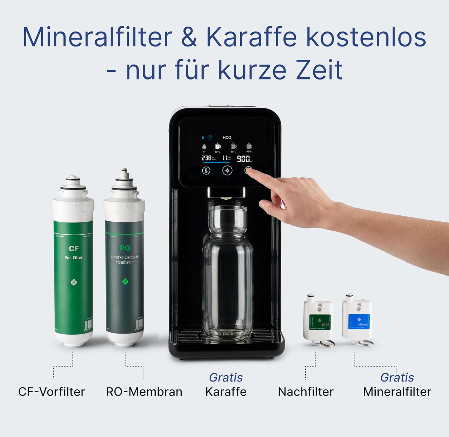HO3 Home One Tisch-Osmoseanlage für Trinkwasser mit 4 Temperaturstufen (RT, 50, 85, 95 °C), 10 Stufen Wasserausstoß, mit Echtzeit-TDS, 8-stufiger Filterung und doppeltem Luma UV, Wasserfilter (schwarz) – Bild 4