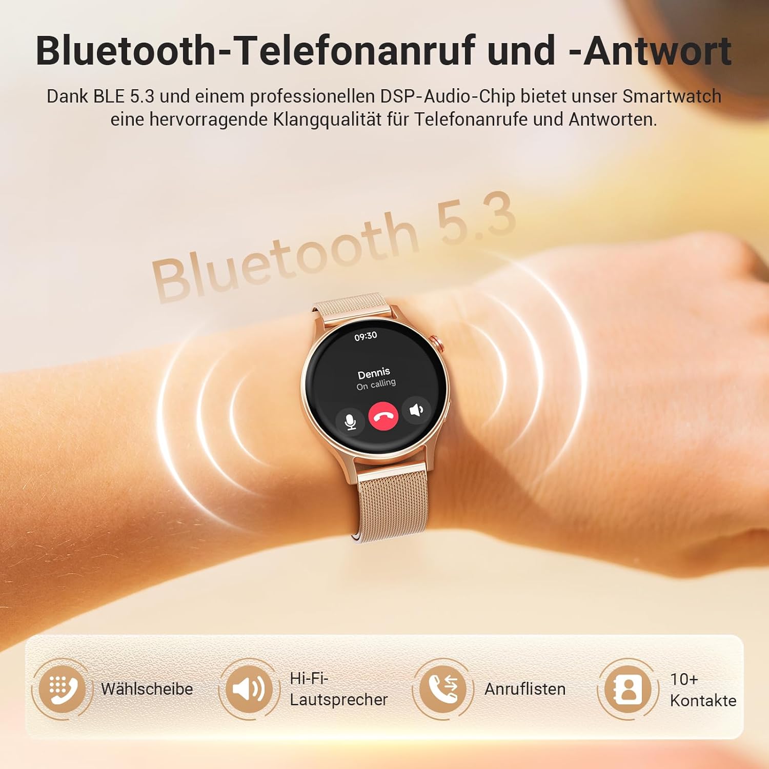 Smartwatch Damen Herren rund mit Telefonfunktion 1,32 Zoll AMOLED Display, Fitnessuhr mit 110+ Sportmodi & 3ATM, Uhren Damen Herren für iOS/Android Schrittzähler mit Herzfrequenzmesser Schlafmonitor Gold – Bild 3