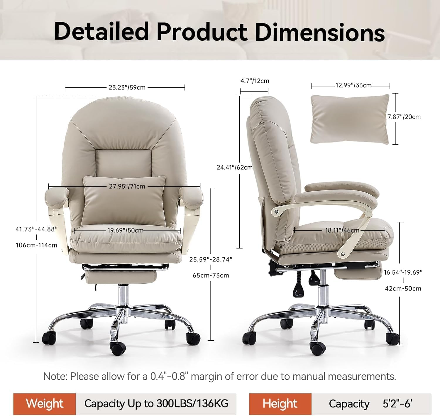 EMIAH Ergonomischer Bürostuhl mit Fußstütze, verstellbarer Schreibtischstuhl, PU-Leder, bequeme moderne Kosmetikstühle mit Rollen, niedlicher Computerstuhl mit mittlerer Rückenlehne für Zuhause, maximale Belastung 150 kg, Beige – Bild 2