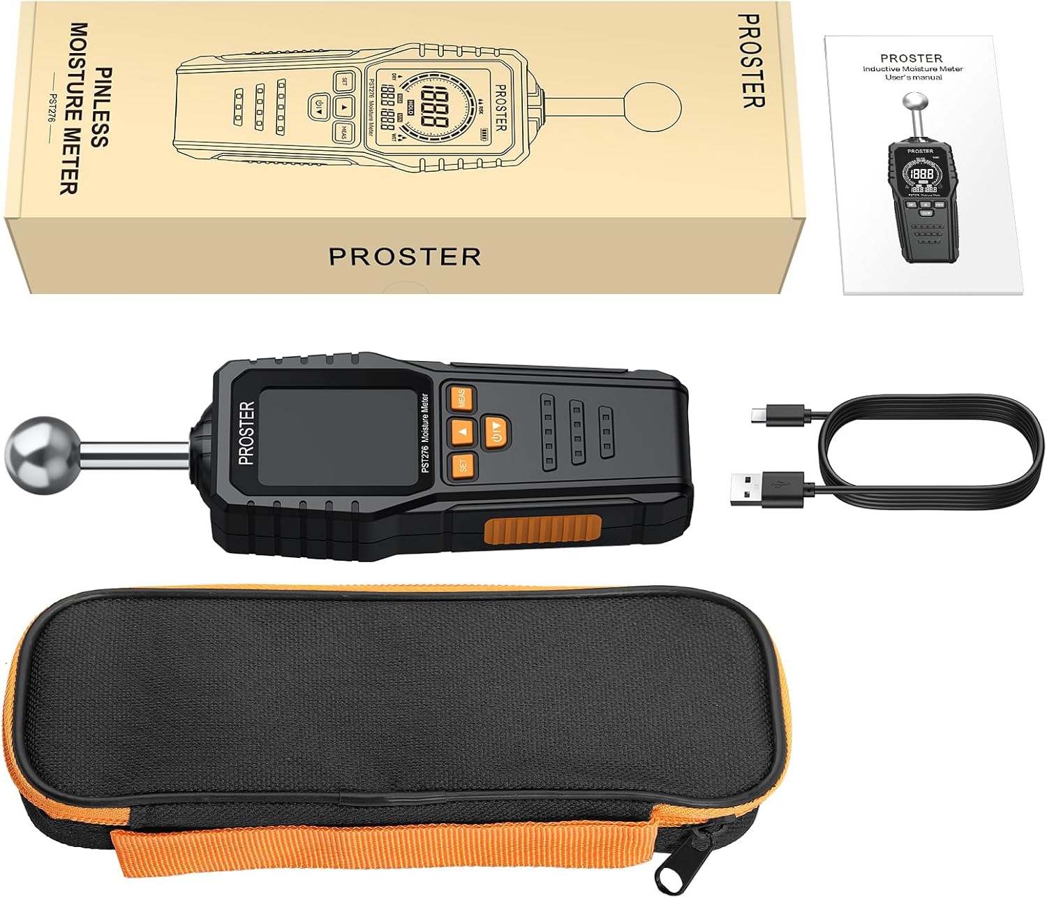 Proster Feuchtigkeitsmesser Wand Kugelform Sphärisches wiederaufladbares Feuchtigkeitsmessgerät Mauerwerk mit LCD-Bildschirm für Wände Mauerwerk 0-40 mm Analysetiefe (Schwarz Orange) – Bild 8