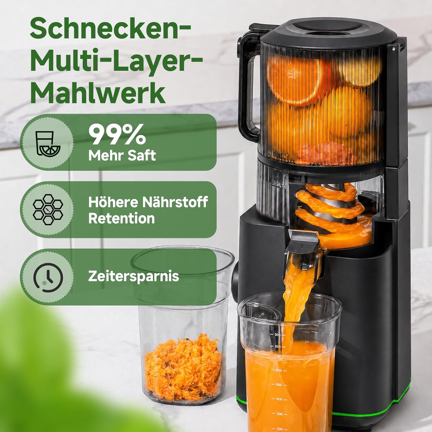 AMZCHEF Slow Juicer Kaltpress-Entsafter für Obst & Gemüse, 160 mm XXL-Einfüllöffnung für ganze Früchte, 2,5 l Behälter, 2 Filter für Saft und Sorbet, leise und leicht zu reinigen, schwarz – Bild 7