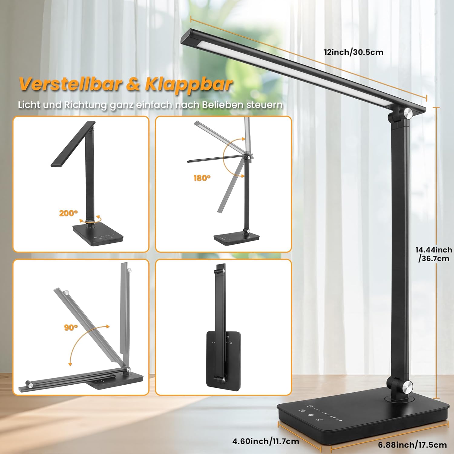 Akynite 42 LED-Schreibtischlampe, dimmbarer USB-Anschluss, 2A-Adapter im Lieferumfang enthalten, 5 Farben, 10 Helligkeiten, Leselampe, Schreibtisch, faltbare Lampe Touch mit Timer, Leselampe für Kinder, Schwarz – Bild 6
