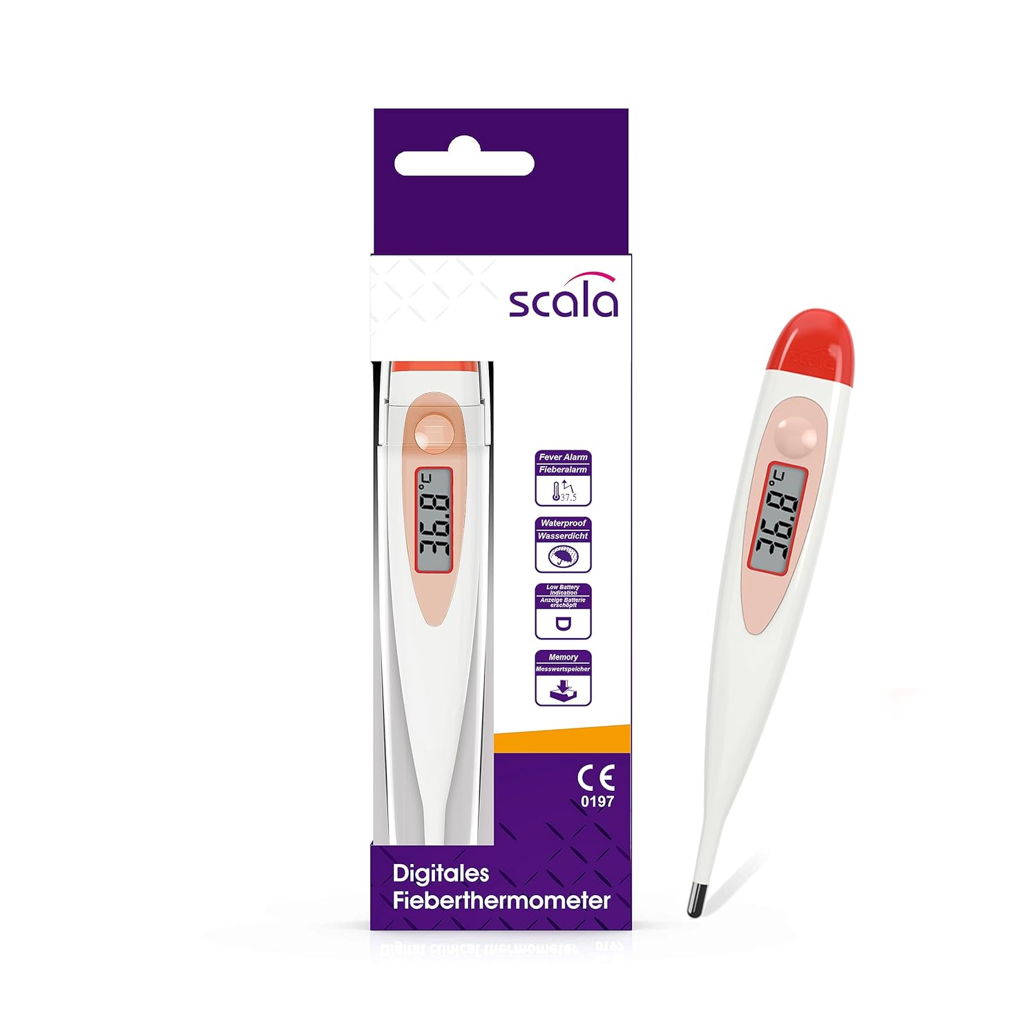 scala SC 17 Digitales Fieberthermometer – Wasserdichtes Fiebermessgerät mit Piepton & Memory-Funktion – 60 Sekunden Messzeit – starre Spitze – Rot, 1 Stück