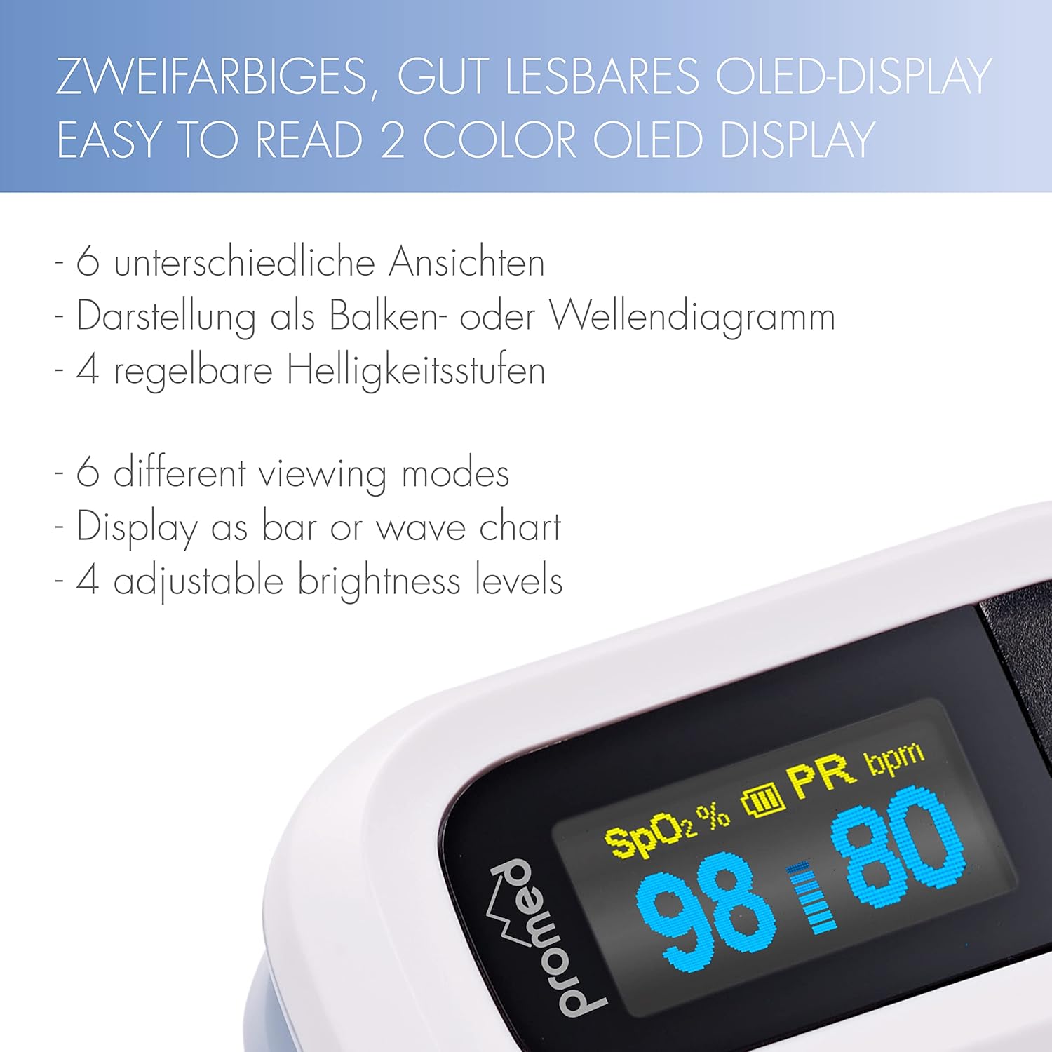 Promed Pulsoximeter PM-200 Pro, einfache Messung der Herzfrequenz & Sauerstoffsättigung im Blut, Fingerpulsoximeter mit OLED-Display und automatischer Abschaltung – Bild 4