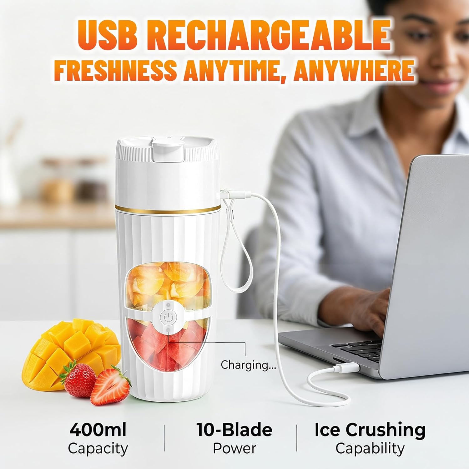 Tragbarer Mixer Smoothie Maker 400 ml, Mini-Standmixer mit 10 Edelstahlklingen, USB-C-Ladegerät Smoothie Maker To Go, tragbarer Mixer für Proteinshakes, Smoothies, Früchte & Babynahrung – Bild 5