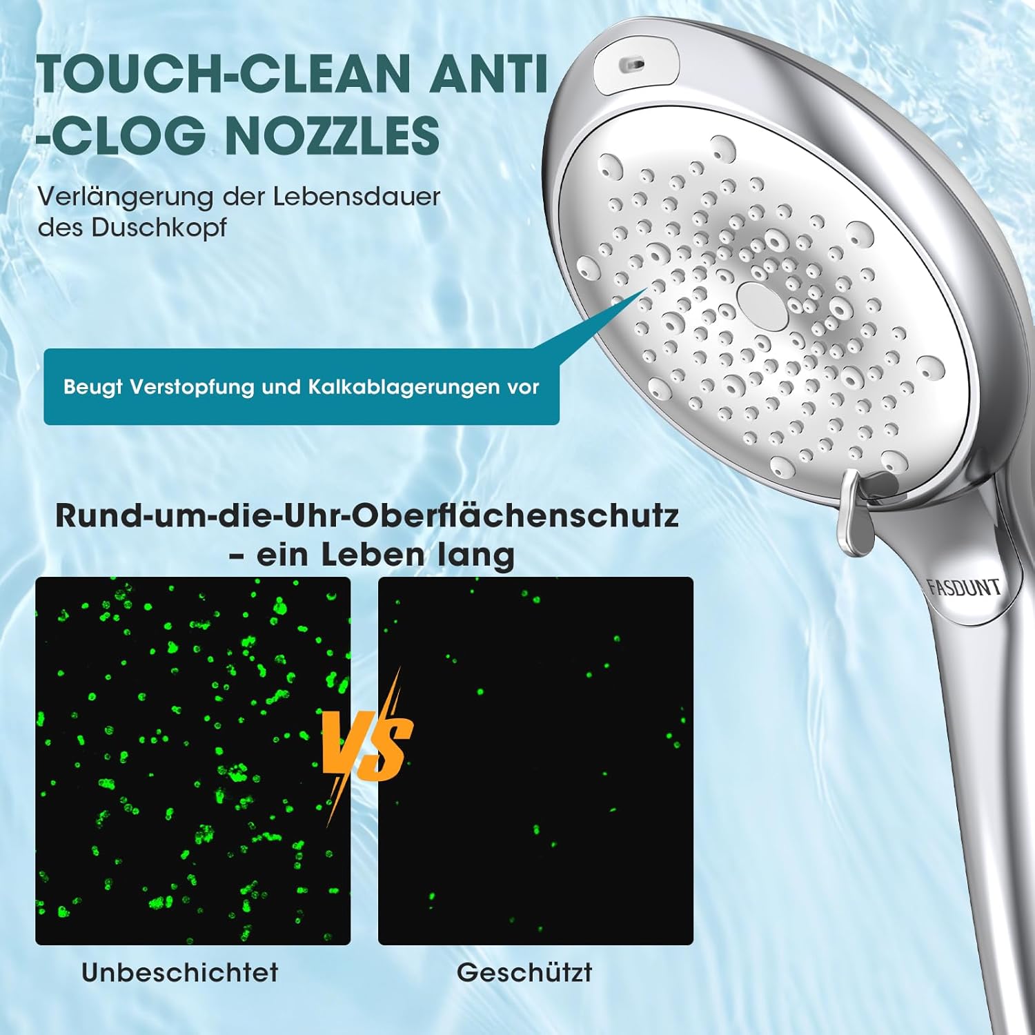 FASDUNT Duschkopf mit Filter gegen Kalk, 8 Strahlarten, Hochdruckduschkopf mit Schlauch 2 m, 20 Schichten Filterduschkopf für hartes Wasser, Restchlor, Schwermetall – Bild 3