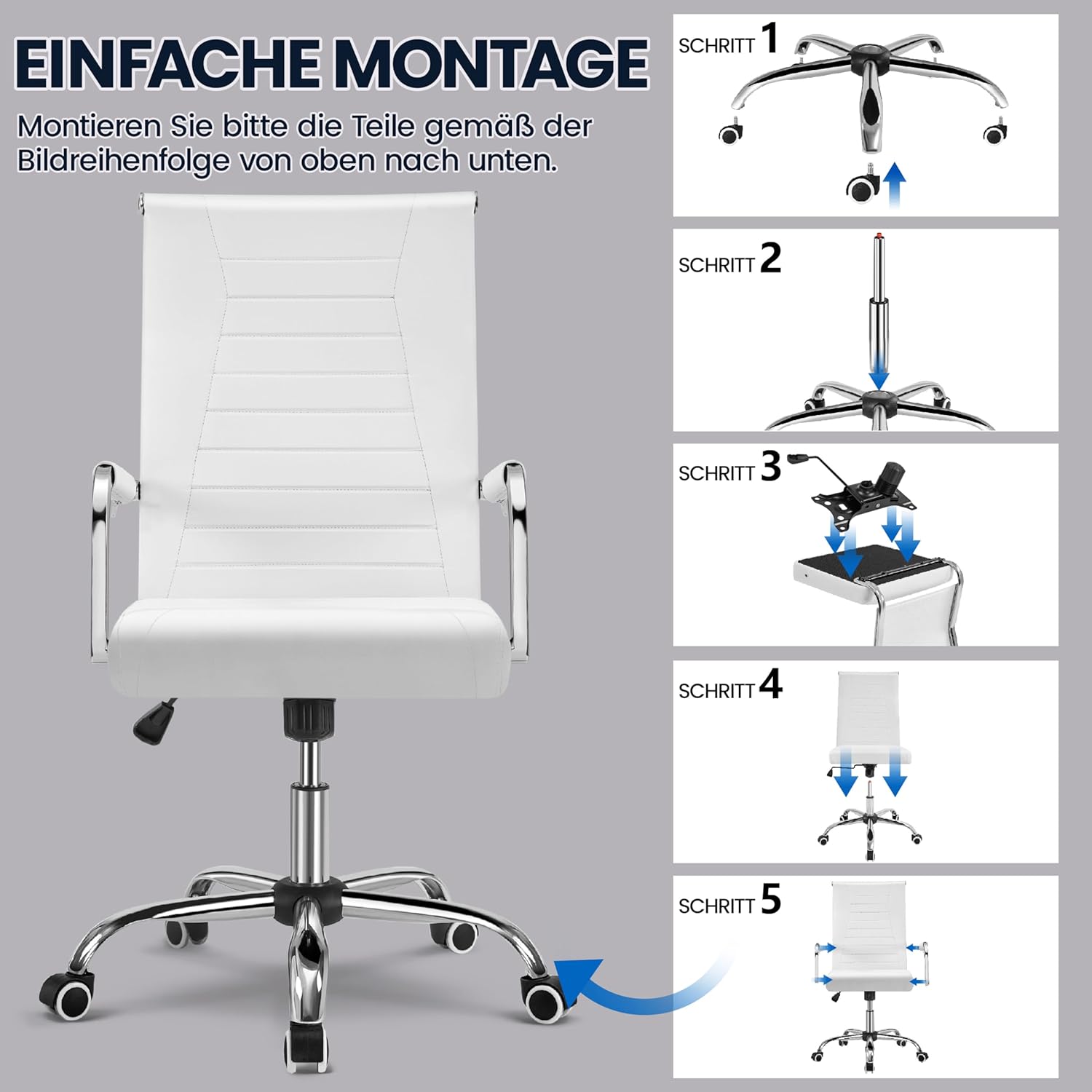 Yaheetech Bürostuhl, ergonomischer Schreibtischstuhl mit Armlehnen, Chefsessel, Computerstuhl, hohe Rückenlehne, Arbeitsstuhl mit Wippfunktion, maximale Belastung 136 kg, Weiß – Bild 9