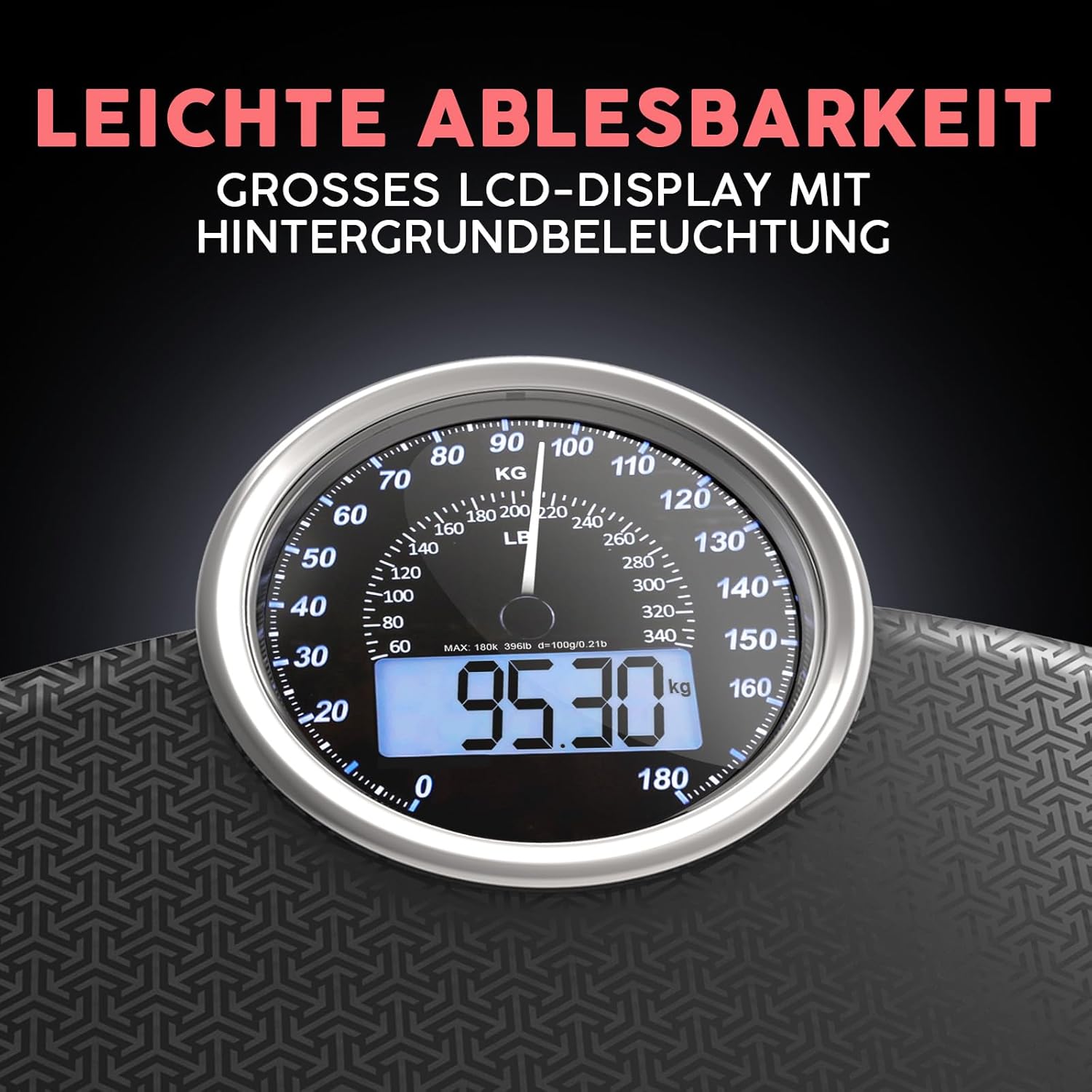 Adamson Hybrid + 2-in-1 digitale und analoge Körperwaage bis 180 kg + dickes gehärtetes Glas + extra großes Display + leicht ablesbare digitale Personenwaage + schwarze Matrix – Bild 4