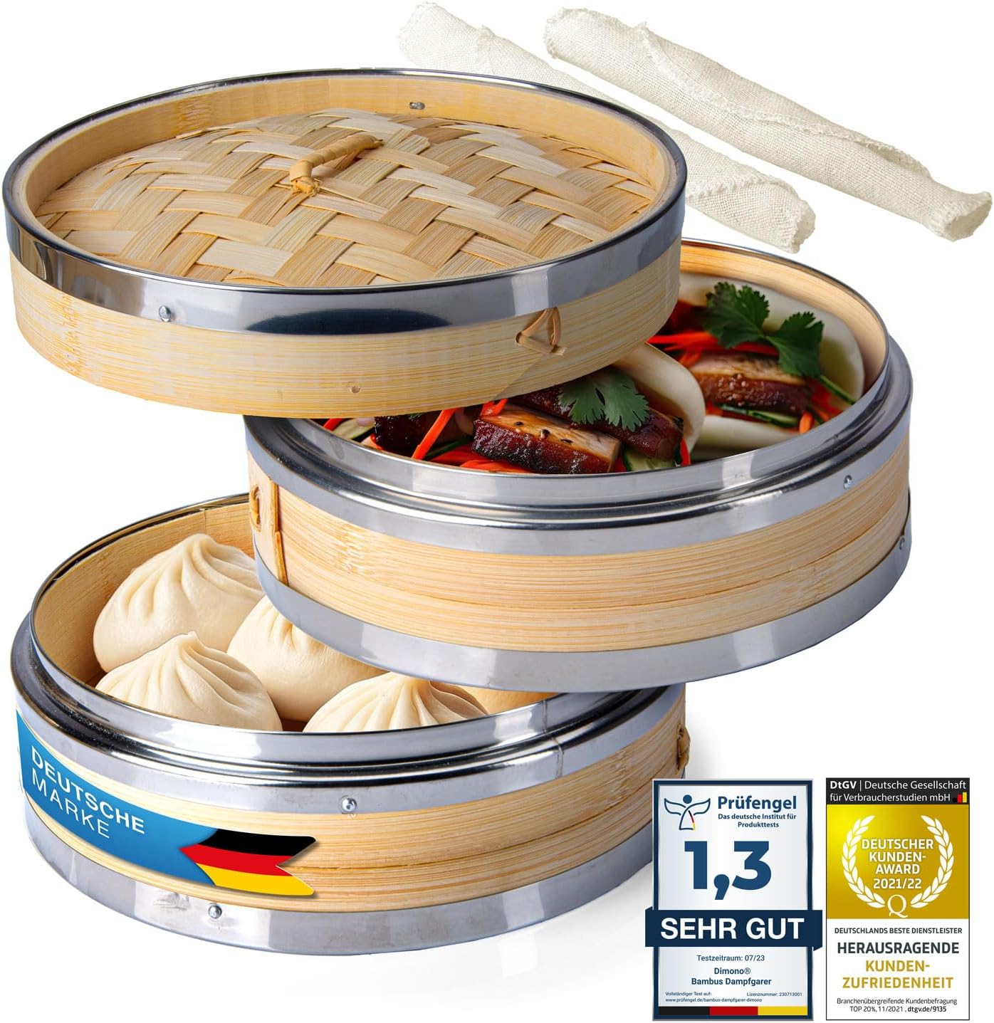 Dimono Bambusdampfgarer mit Edelstahl, 2 Etagen Bambusdampfgarer mit Deckel, Dampfgaraufsatz und Dampfgarkorb für Sim Sum Knödel, Gemüse, Reis, Fleisch und Fisch (Durchmesser 20 cm)