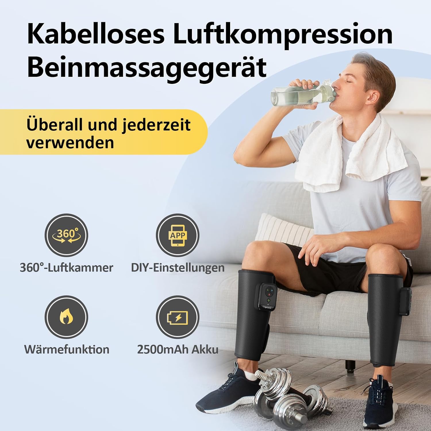 Comfytemp Kabelloses Beinmassagegerät (2 Stück), Luftkompressionsmassage mit Heizung für Beine, Waden, Unterschenkel, 45 x 33 cm, Massagegerät mit DIY, Steuerung per Knopfdruck und App, 2500 mAh Akku – Bild 2