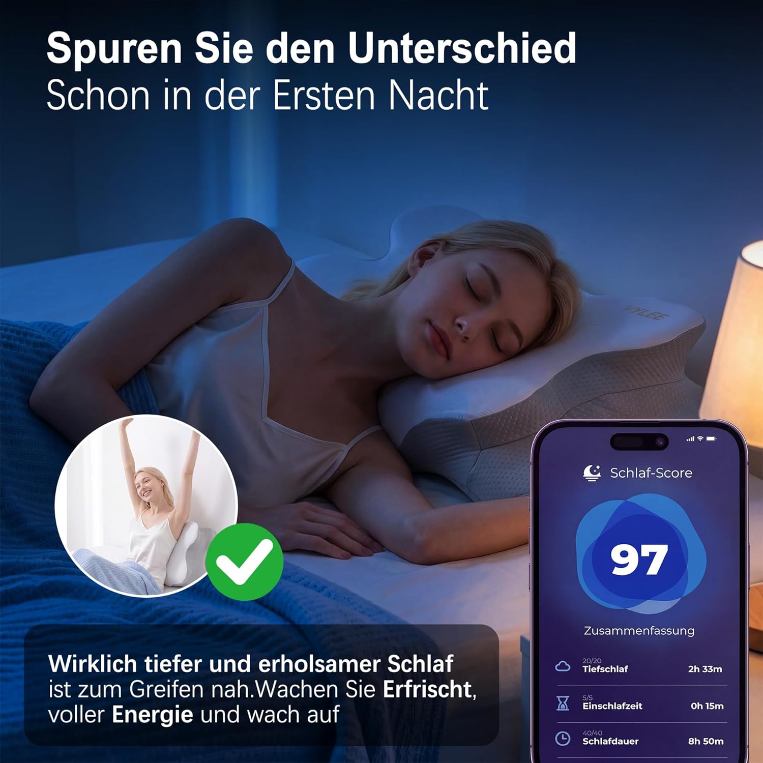 VYLEE Ergonomisches Memory-Schaum-Kissen zur Linderung von Nackenschmerzen, kühlende Unterstützung für Seiten und Rücken, Bettkissen mit atmungsaktivem Bezug, Nackenstütze (grau) – Bild 7