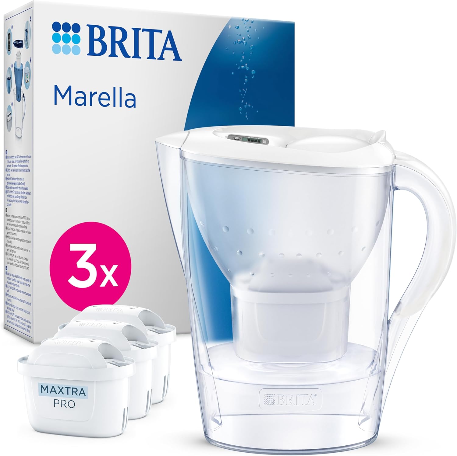 BRITA Marella Wasserfilterkanne weiß (2,4 l) inklusive 3 x Maxtra Pro Pure Performance Kartuschen – kühlschrankgeeignete Filterkanne mit BRITA Memo, Klappdeckel, filtert Verunreinigungen