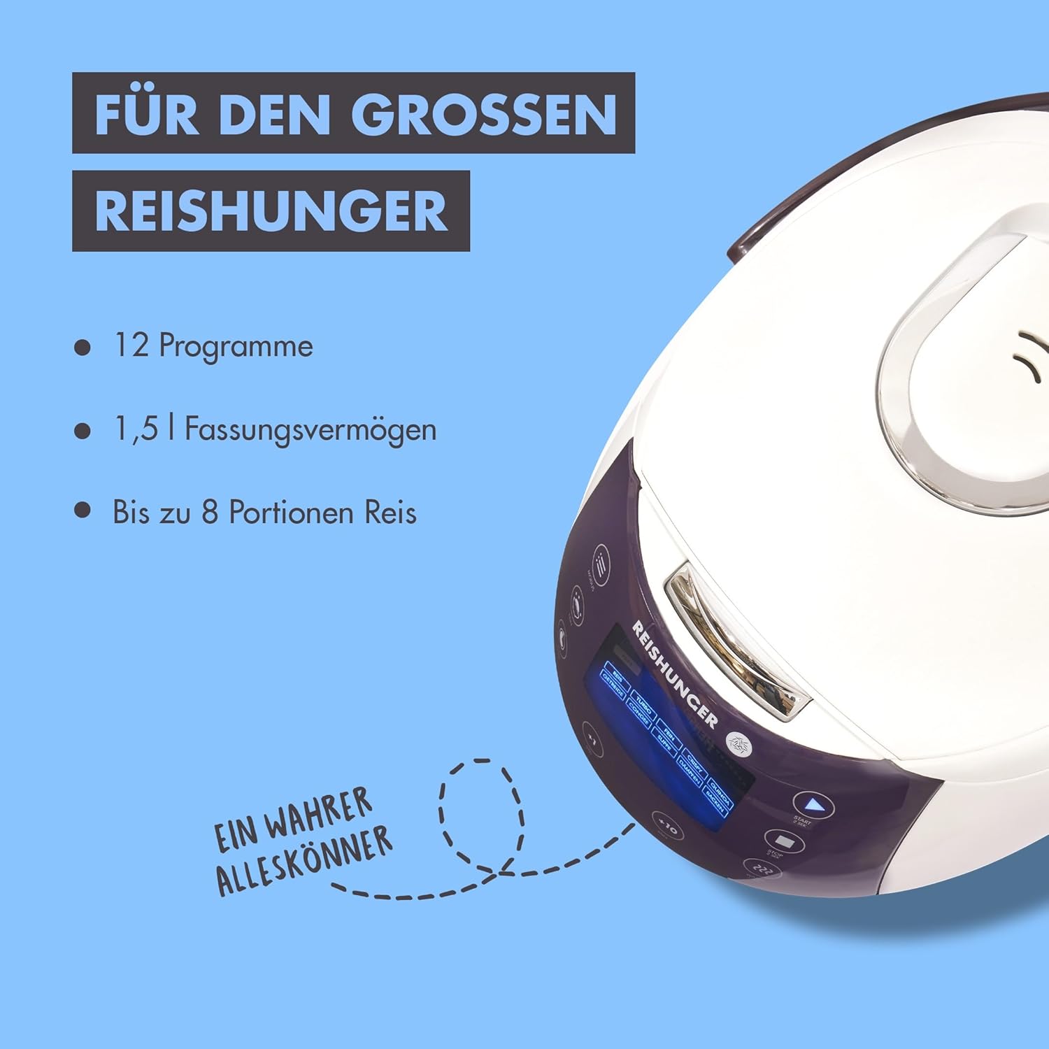 REISHUNGER Digitaler Reiskocher und Dampfgarer Weiß | 1,5 Liter für 8 Personen | Warmhaltefunktion, Timer und Premium-Innentopf | Multikocher, 12 Programme, 7-Phasen-Technologie – Bild 2
