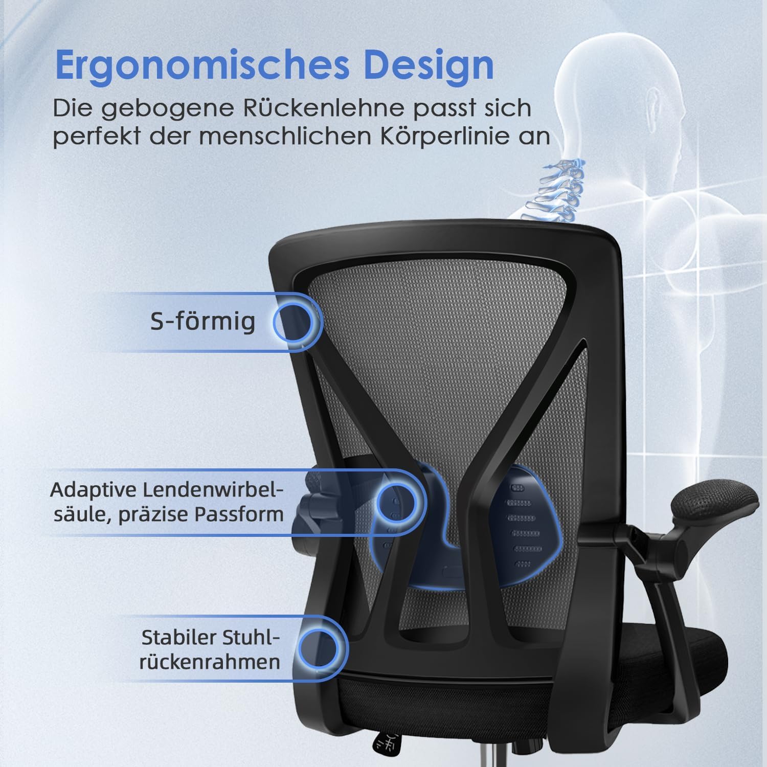 Hinonde Bürostuhl, Schreibtischstuhl mit klappbaren Armlehnen und Wippfunktion, 360° Drehstuhl, höhenverstellbarer Bürostuhl, ergonomischer Home-Office-Stuhl mit atmungsaktivem Netz, bis 150 kg – Bild 4