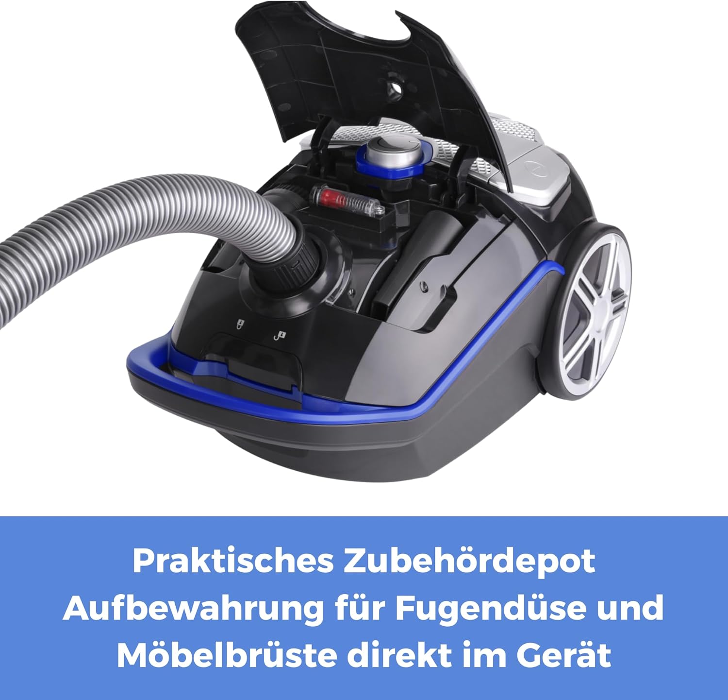 Fakir Blue Vac Power TS 721 Staubsauger mit Beutel 800 W, Bodenstaubsauger mit Kabel, HEPA H14 Filter, sehr leiser Hochleistungsmotor 69 dB(A), großer 3 L Staubbeutel & 12 m Aktionsradius, Schwarz/Blau – Bild 5