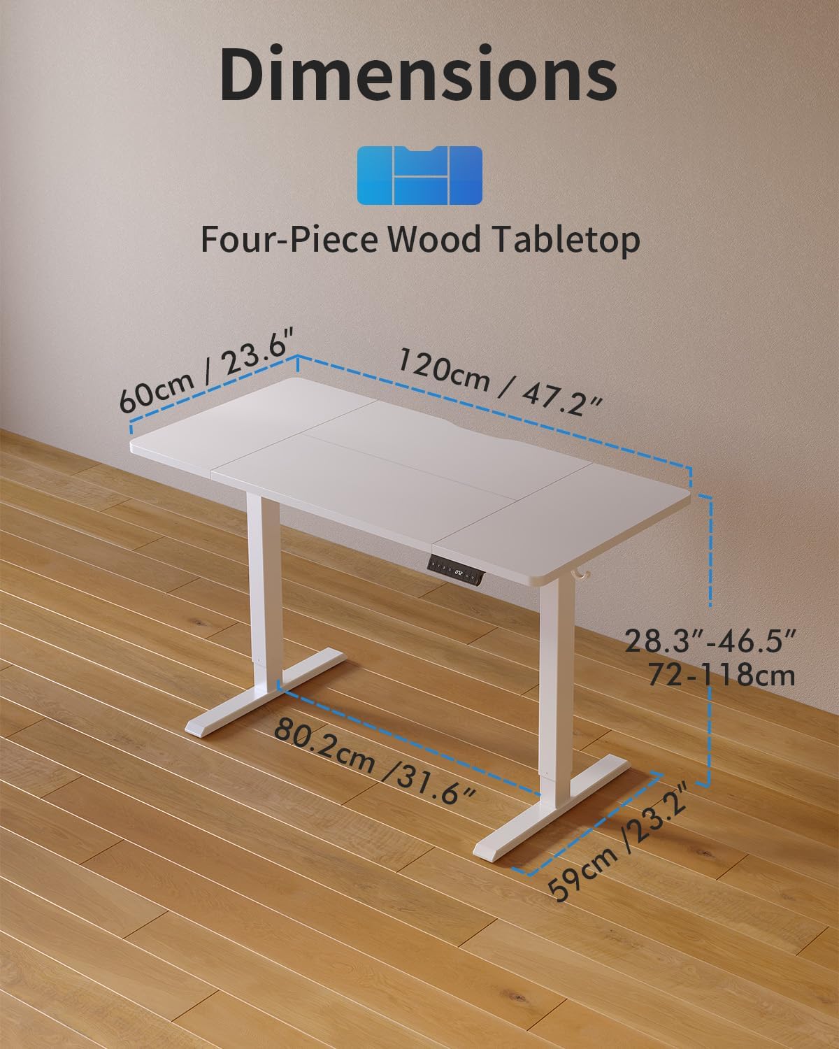 FEZIBO Höhenverstellbarer Schreibtisch mit USB-A- und USB-C-Ladeanschlüssen, 120 x 60 cm Schreibtisch, höhenverstellbar, elektrisch, ergonomischer Stehsitztisch für Home Office, Stehpult, Weiß – Bild 3
