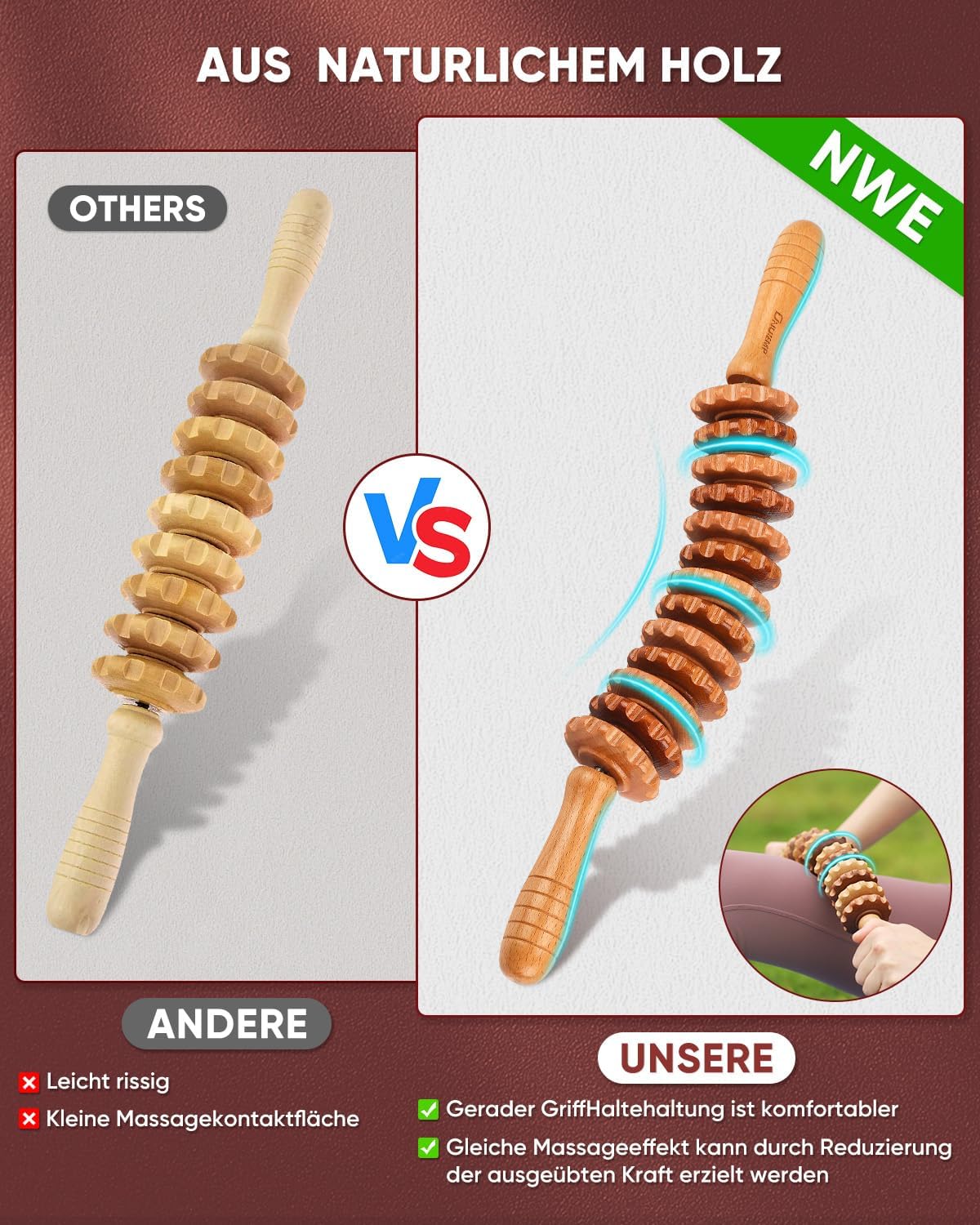 Faszienrolle Holzmassagegerät, Faszienstabrolle Holz, Massagerolle mit Griff, Massageholz Anti-Cellulite-Massagegerät, für Maderotherapie und Lymphdrainage 42,2 cm 350 g Buche – Bild 5
