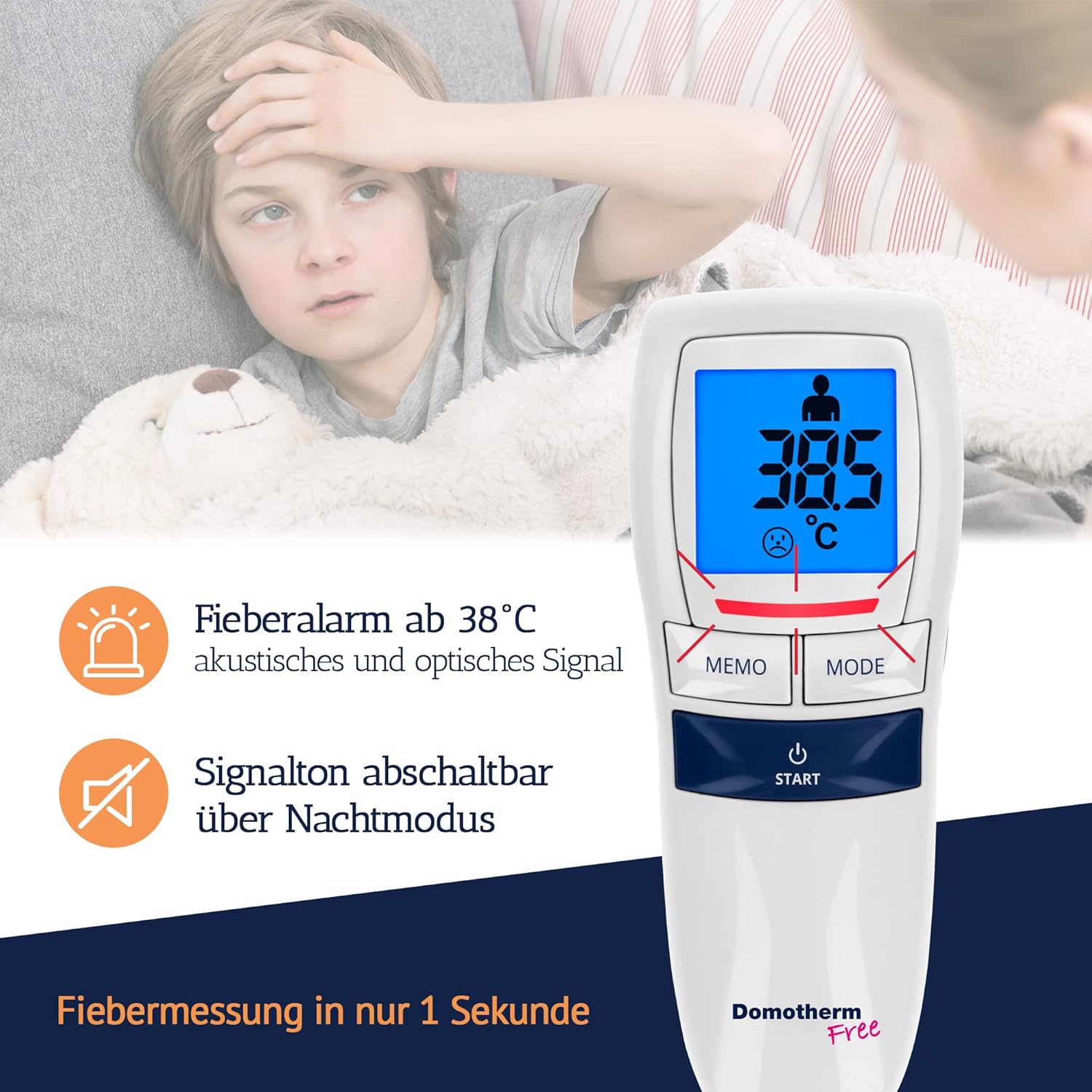 Domotherm Free Fieberthermometer, kontaktloses Infrarot-Thermometer, Baby, Kinder, Erwachsene, Stirnthermometer, Messung in 1 Sekunde – Bild 5