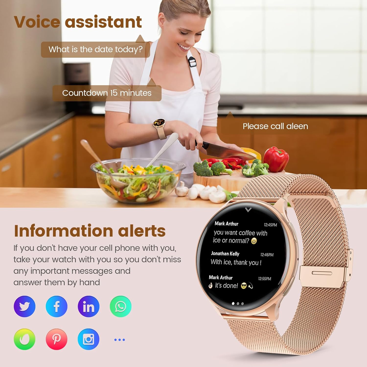 SLOKSFil Damen Smartwatch mit Telefonfunktion, 1,39 Zoll Smartwatch rund mit SpO2, 24H Herzfrequenzmesser Blutdruck Schlafmonitor, Fitnesstracker 120+ Sportmodi Schrittzähler für iOS Android (Roségold) – Bild 6