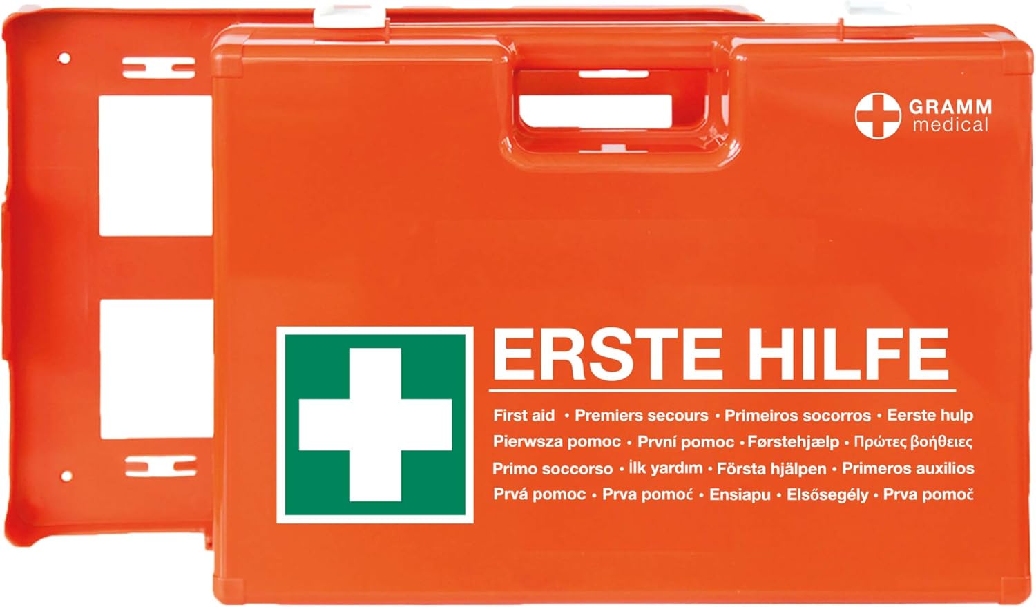 ACTIOMEDIC mobiler und stationärer Erste-Hilfe-Kasten mit Wandhalterung zur Aufbewahrung, DOMINO DIN 13157:2021 I hypoallergene Pflaster, mehrsprachig, Sehhilfen, orange, 28 x 12 x 20 cm