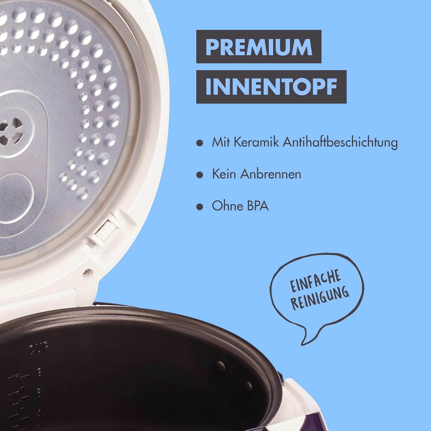 REISHUNGER Digitaler Reiskocher und Dampfgarer Weiß | 1,5 Liter für 8 Personen | Warmhaltefunktion, Timer und Premium-Innentopf | Multikocher, 12 Programme, 7-Phasen-Technologie – Bild 6