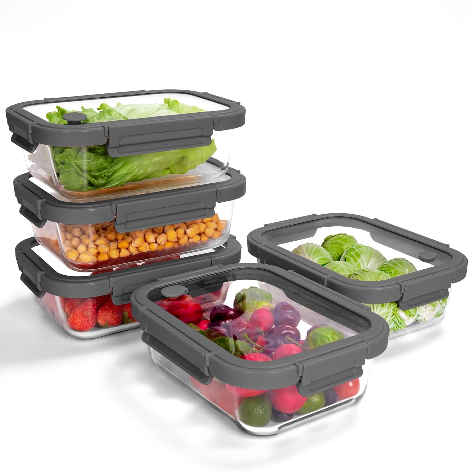 5er-Pack Borosilikatglasbehälter mit gehärtetem Deckel, 1040 ml/4,4 Tassen, luftdichtes Meal-Prep-Set, mikrowellen-/gefriergeeignet/ofenfest -20℃~510℃, Grau