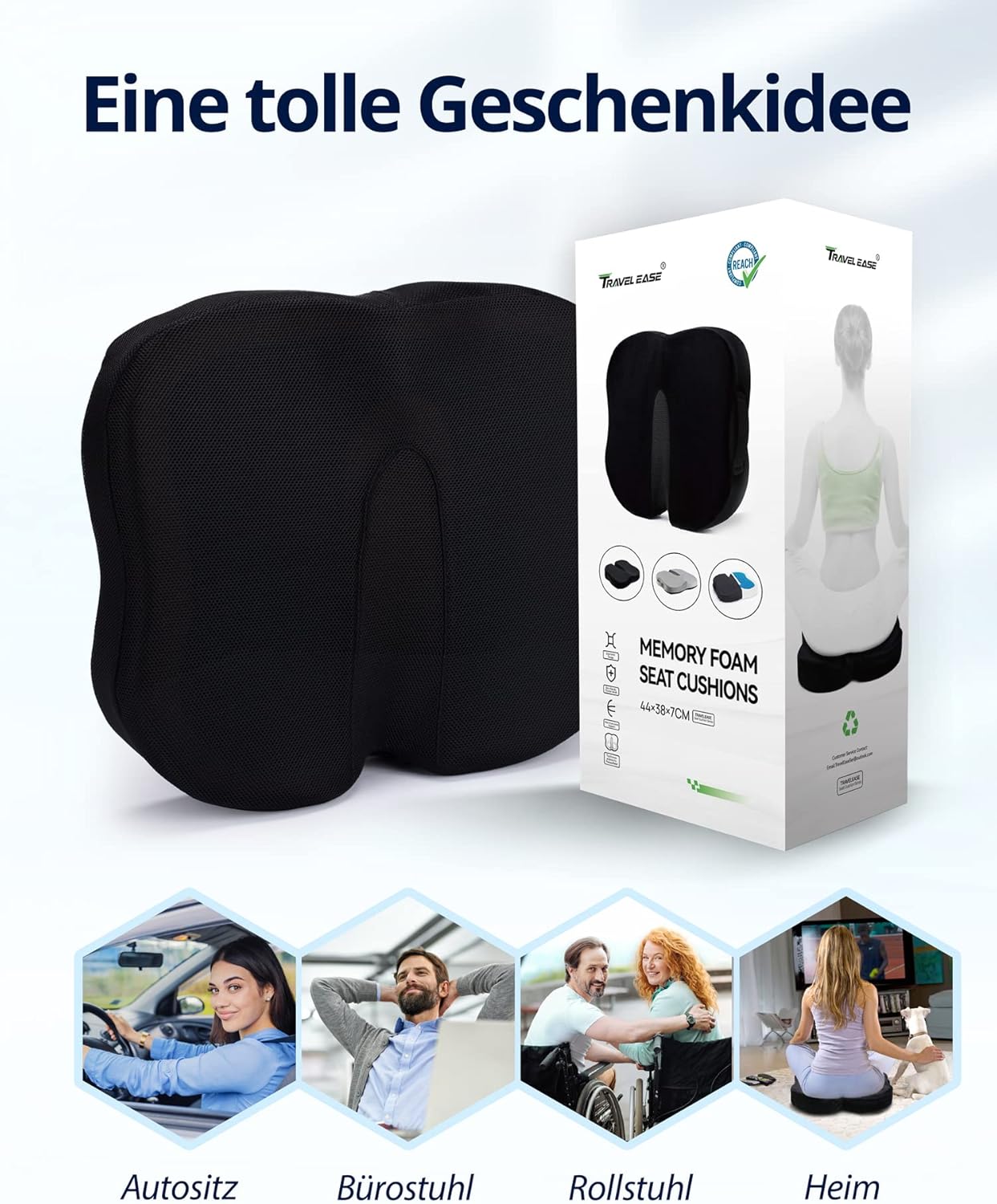 Travel Ease Ergonomisches Sitzkissen, Premium-Gel-Memory-Schaum-Sitzpolster mit rutschfester Unterseite für langes Sitzen, Hüftstützkissen für Bürostuhl, Autositz, Gaming-Stuhl (schwarz) – Bild 3