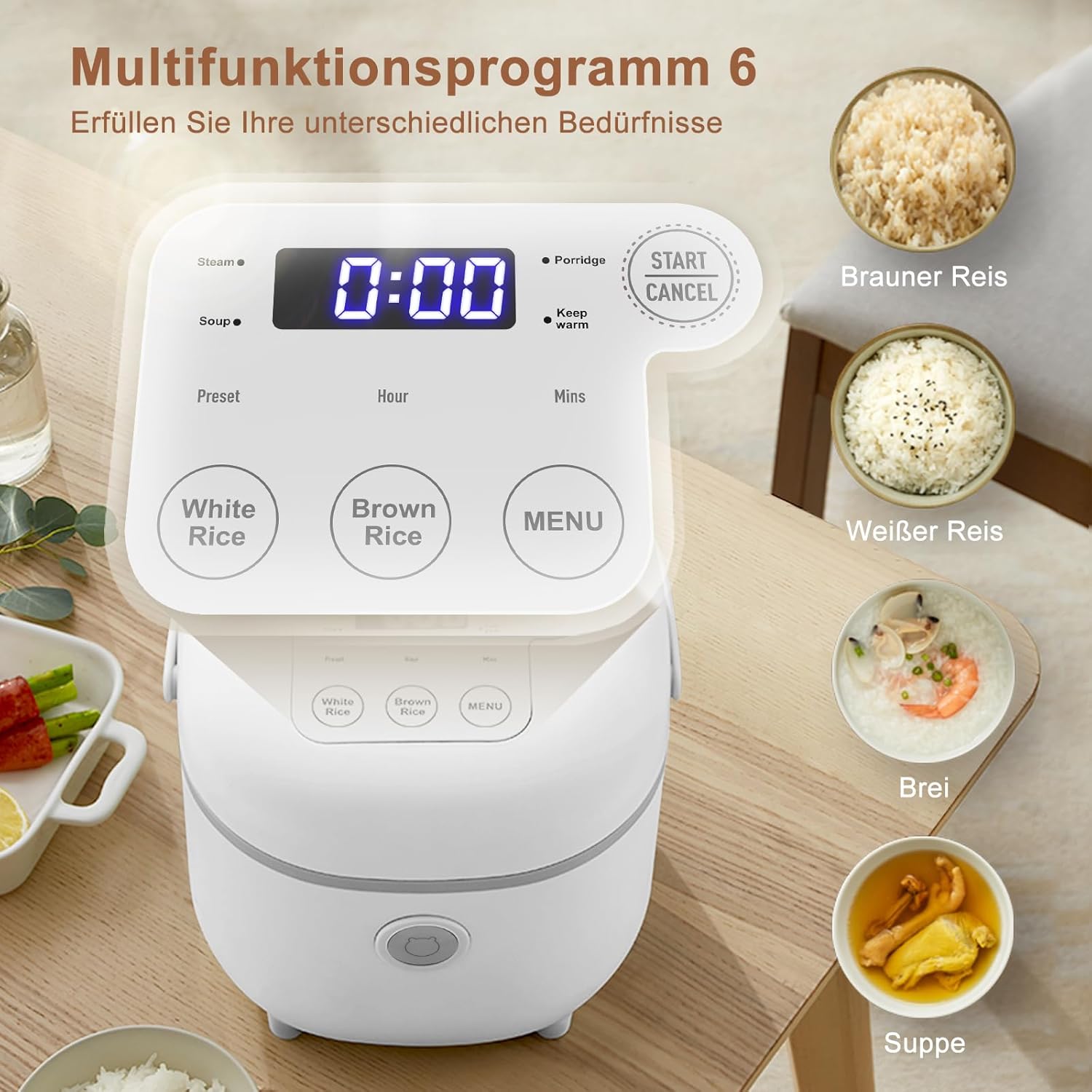 Bear Reiskocher 4 Tassen (ungekocht) mit Dampfgarer, multifunktionaler 350 W elektrischer Reiskocher Mini, 6 Reiskochfunktionen für 2–4 Personen, Weiß – Bild 3