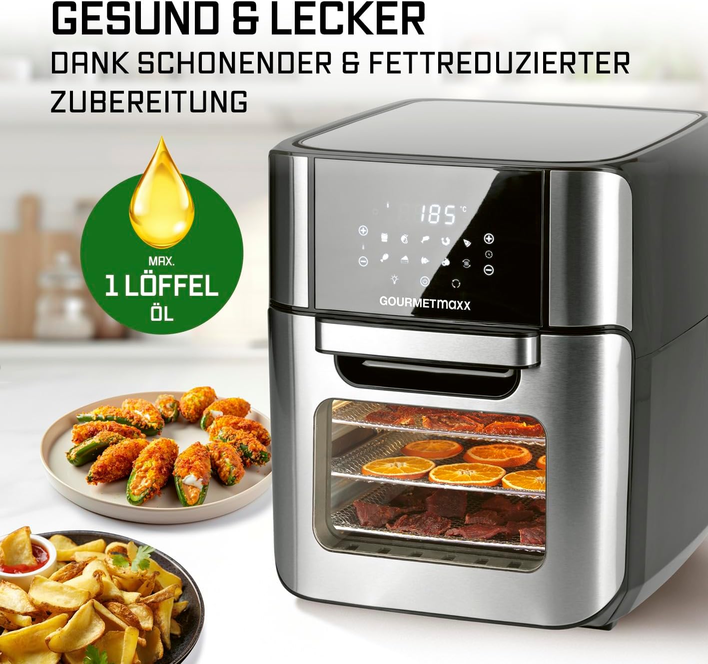 GOURMETmaxx Digitale XXL Heißluftfritteuse 12 Liter | Braten ohne Fett, Zubehör ist spülmaschinenfest | Edelstahldesign, 10 Programme und Timerfunktion (1.800 Watt/Schwarz) – Bild 8