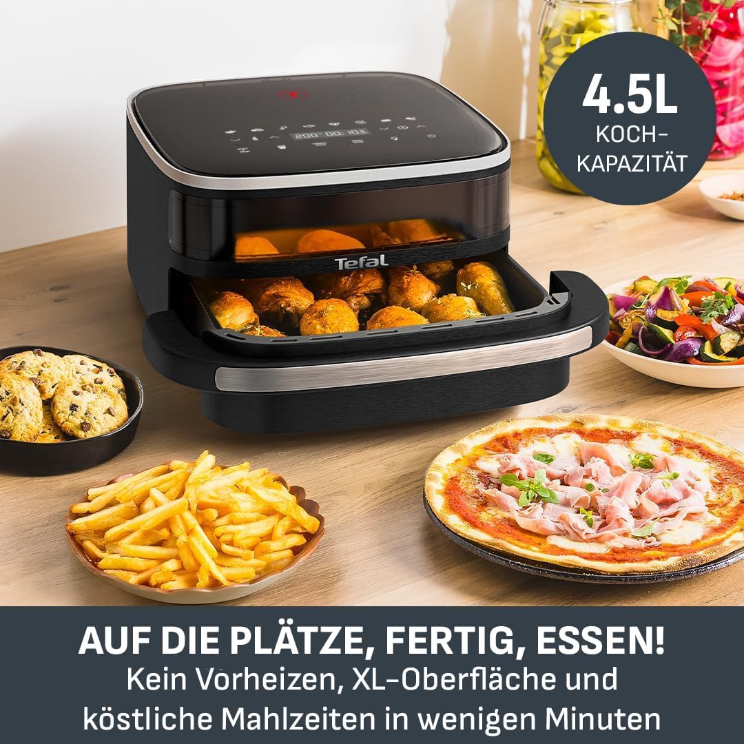 Tefal Easy Fry XL Oberflächen-Heißluftfritteuse – Airfryer mit Sichtfenster und XL-Kochfläche (bis zu 1 kg), digitales Bedienfeld, extra knusprig, energieeffizient und schnell, antihaftbeschichtet, kompakt, Pizzaofen FW4018 – Bild 2